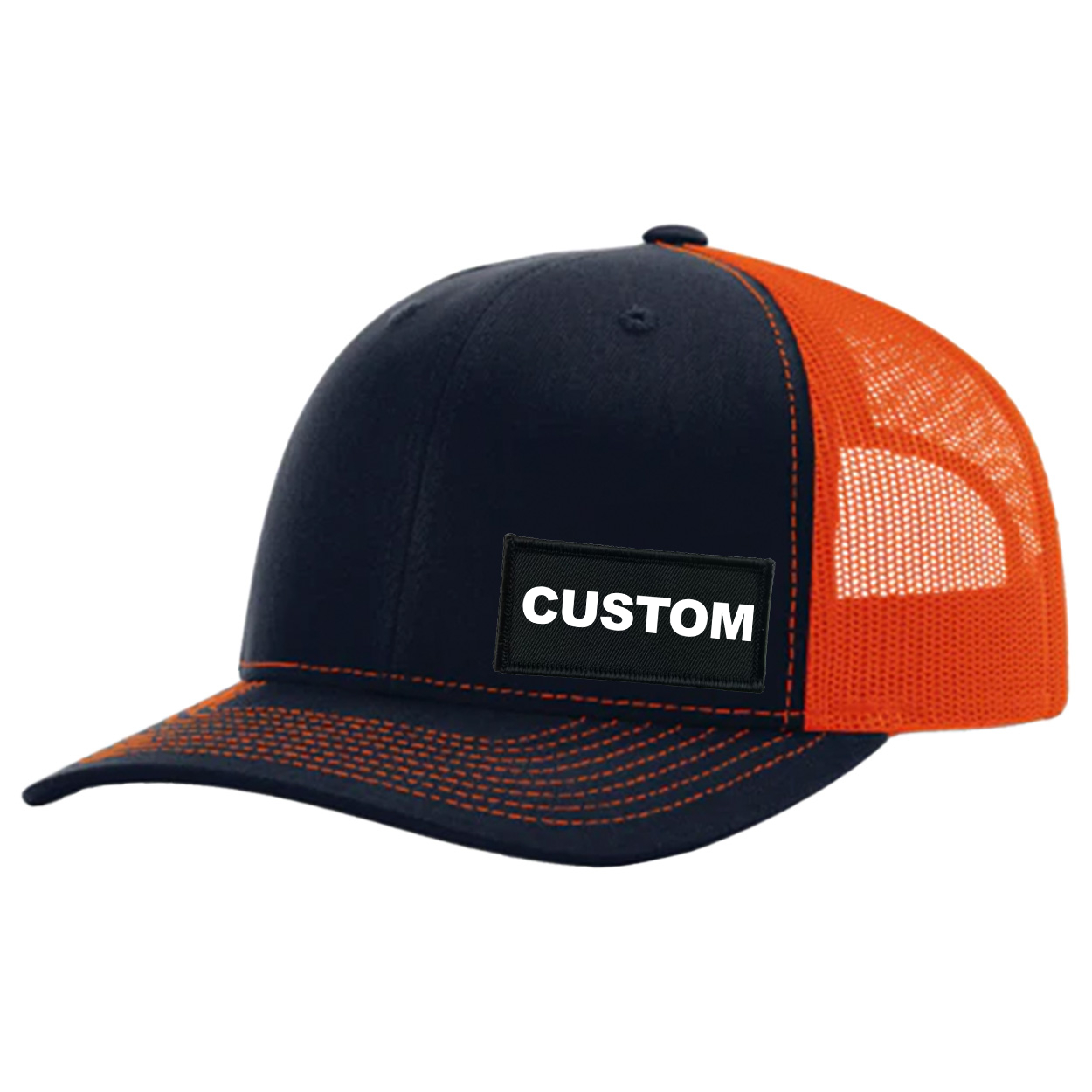 Custom Life Brand Logo Night Out Woven Patch Snapback Trucker Hat Dark Navy/Orange (White Logo)