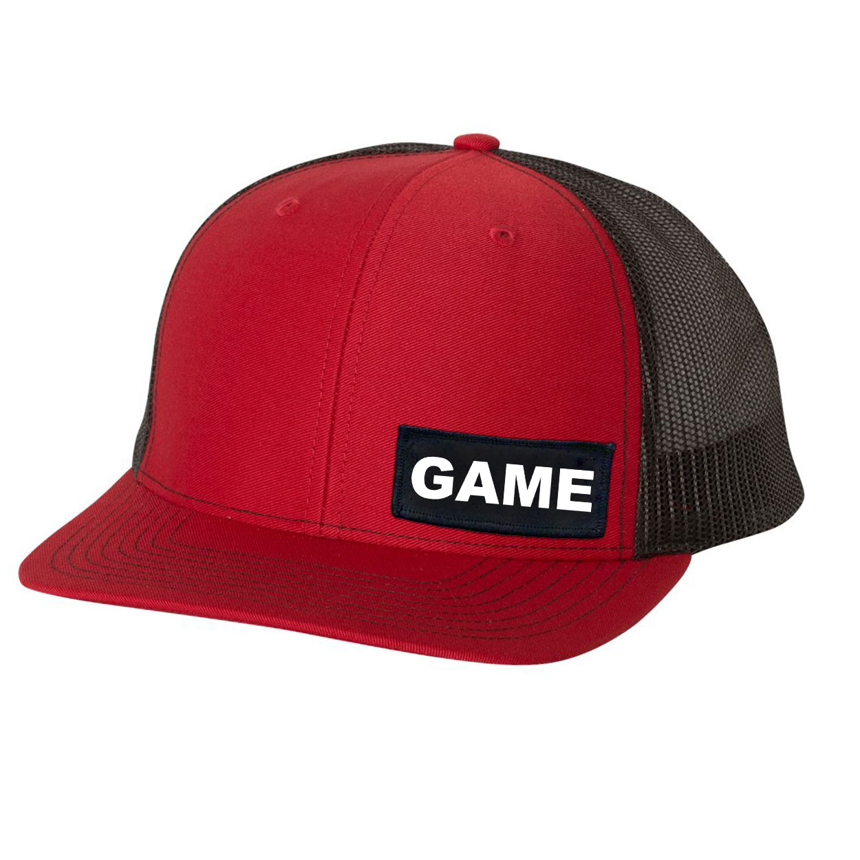Game Brand Logo Night Out Woven Patch Snapback Trucker Hat Red/Black