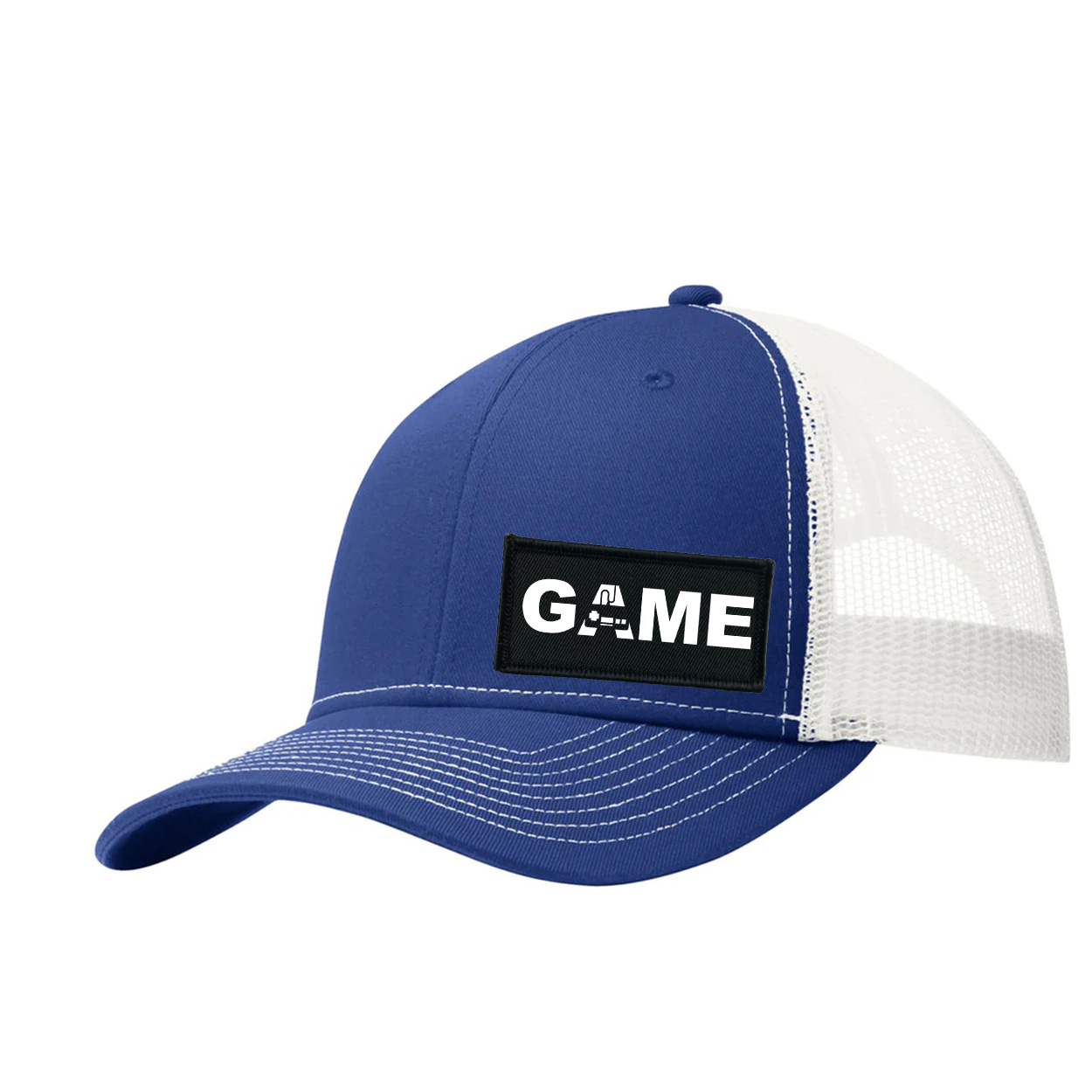 Game Controller Logo Night Out Woven Patch Snapback Trucker Hat Dark Royal/White (White Logo)