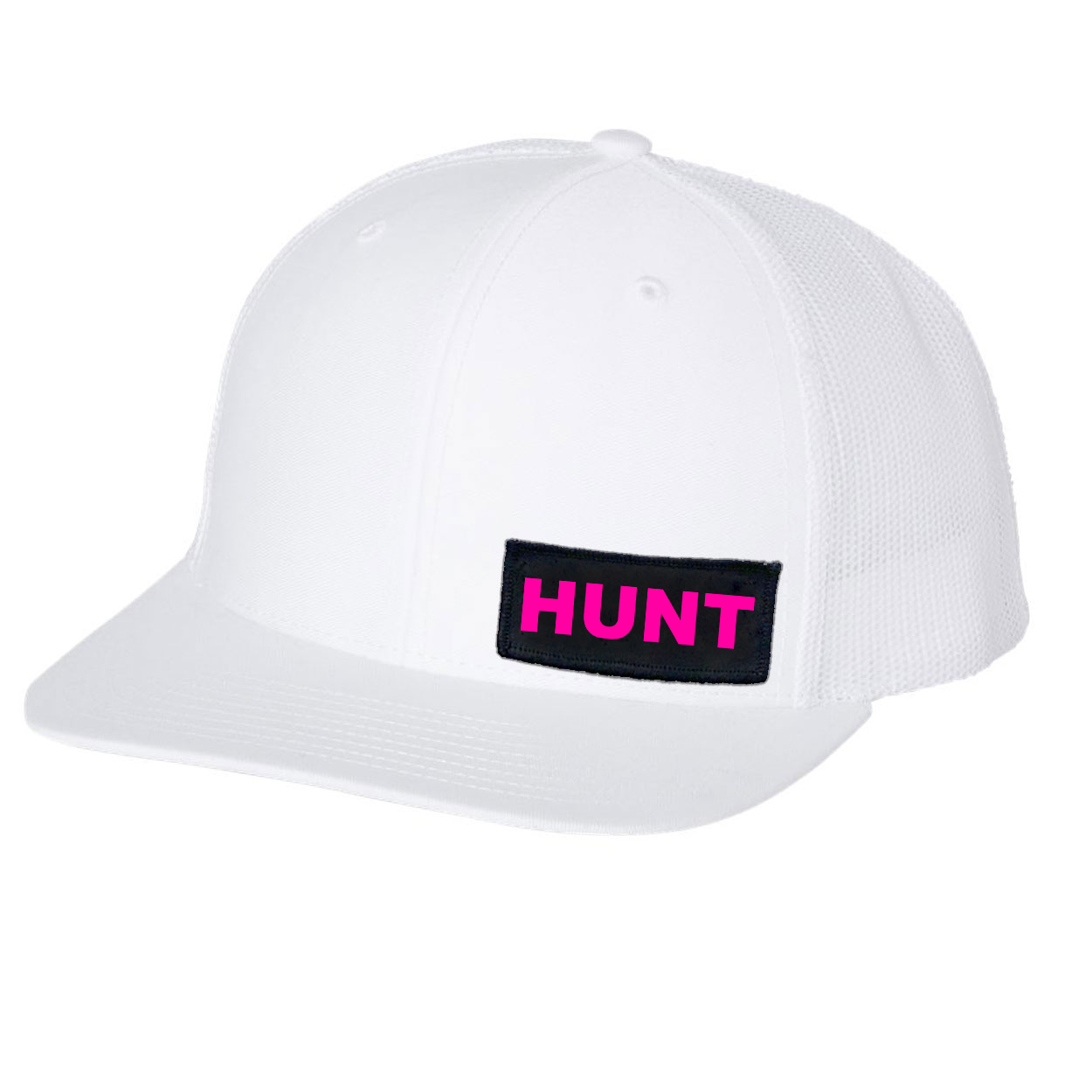 Hunt Brand Logo Night Out Woven Patch Snapback Trucker Hat White (Pink Logo)