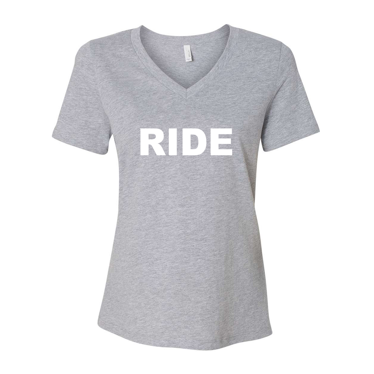 Ride Brand Logo Classic Womens Relaxed V-Neck Shirt Athletic Heather (White Logo)