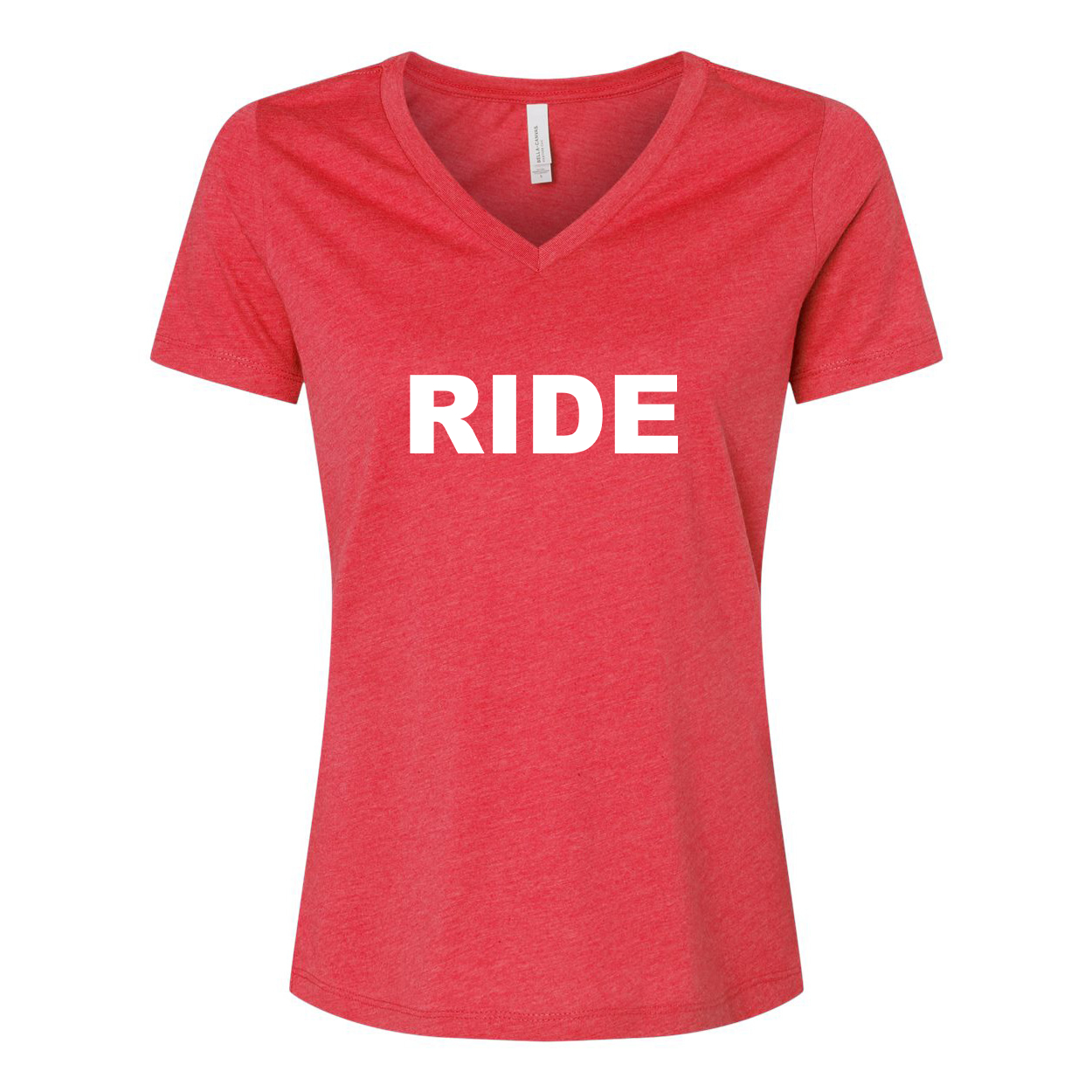 Ride Brand Logo Classic Womens Relaxed V-Neck Shirt Red Heather (White Logo)
