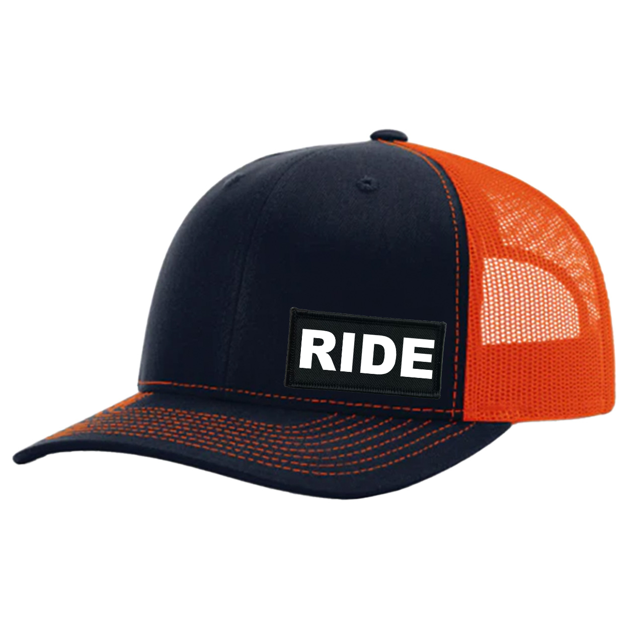 Ride Brand Logo Night Out Woven Patch Snapback Trucker Hat Dark Navy/Orange (White Logo)