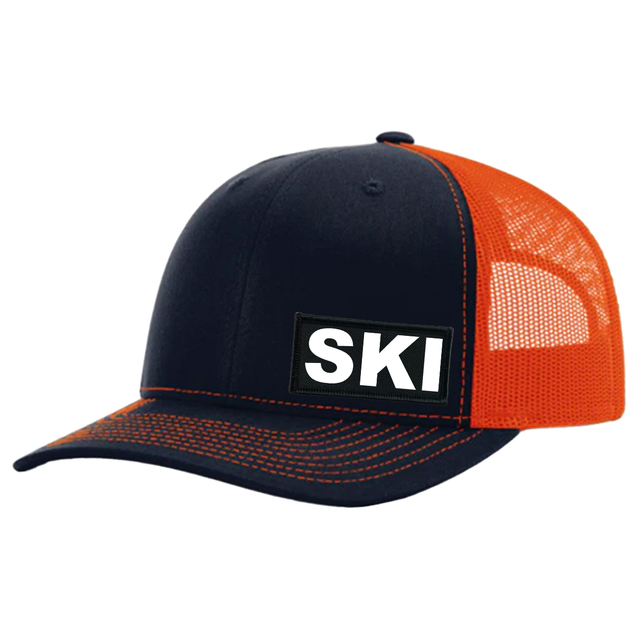 Ski Brand Logo Night Out Woven Patch Snapback Trucker Hat Dark Navy/Orange (White Logo)