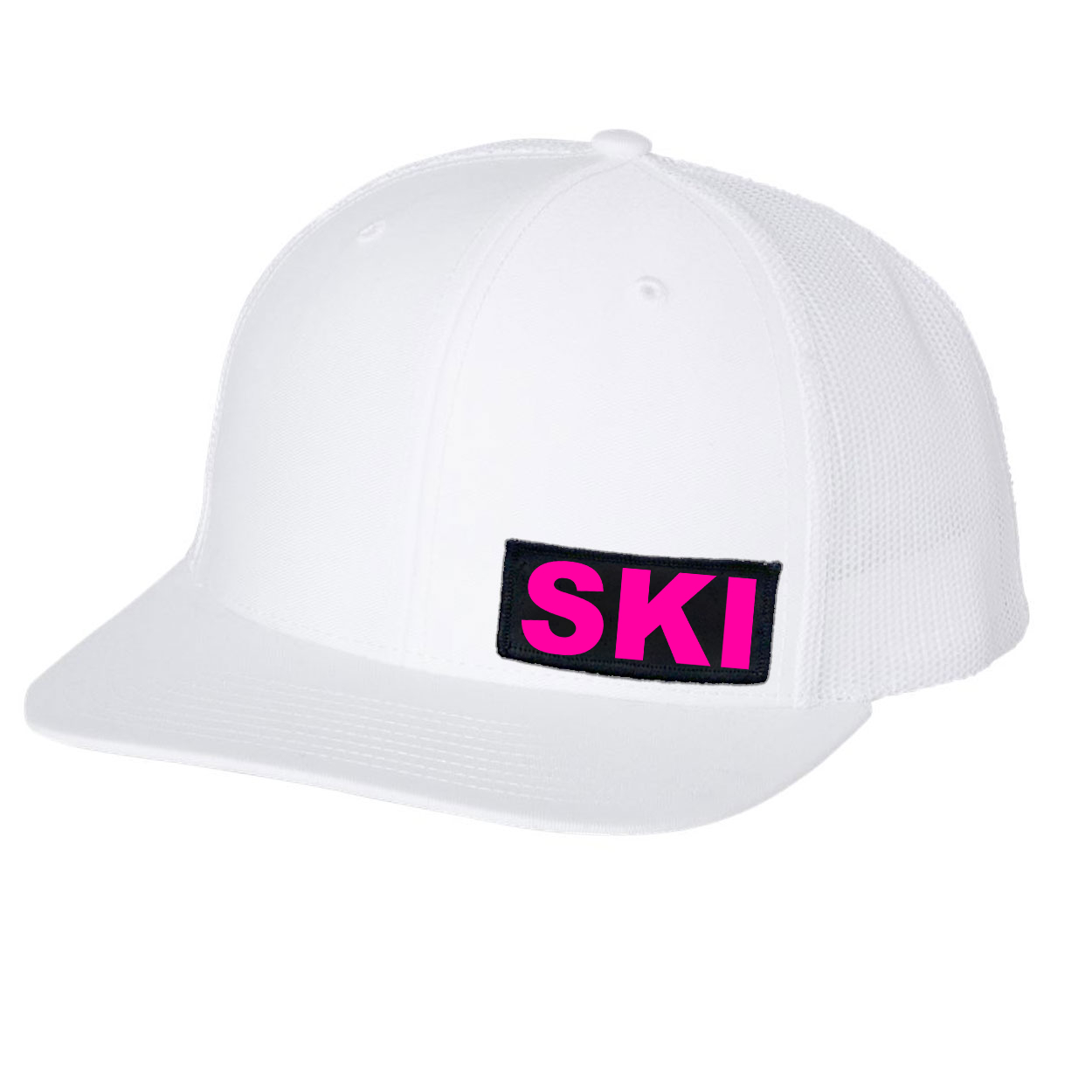 Ski Brand Logo Night Out Woven Patch Snapback Trucker Hat White (Pink Logo)