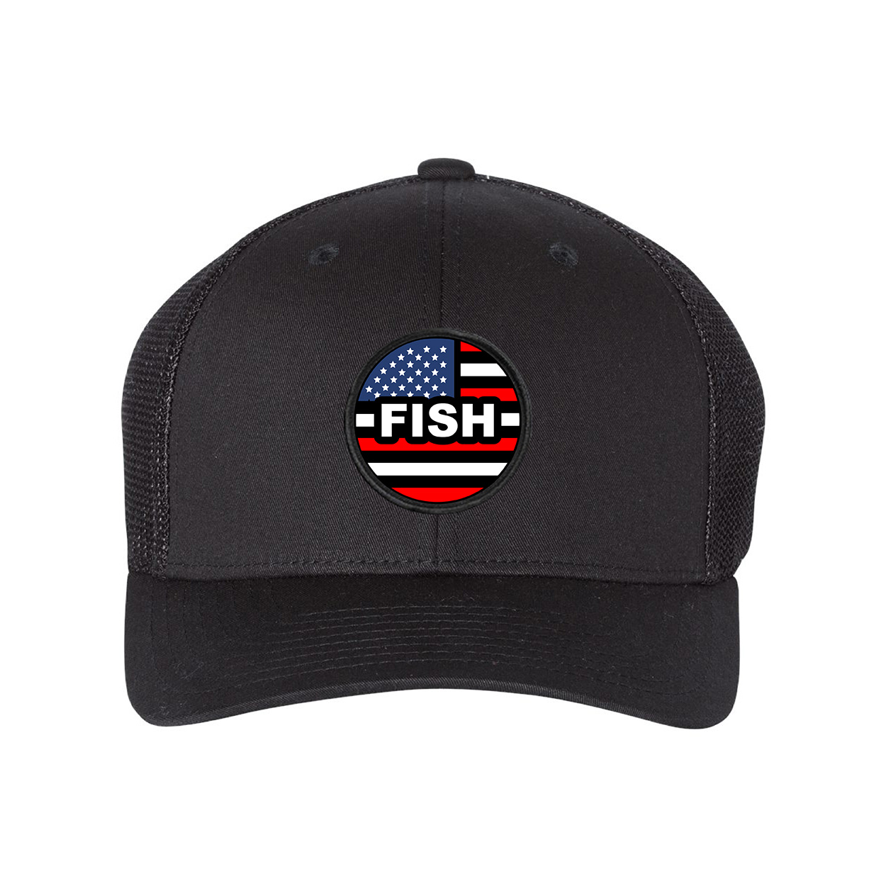 Fish Brand Logo Classic Circle Woven Patch USA Snapback Trucker Hat Black