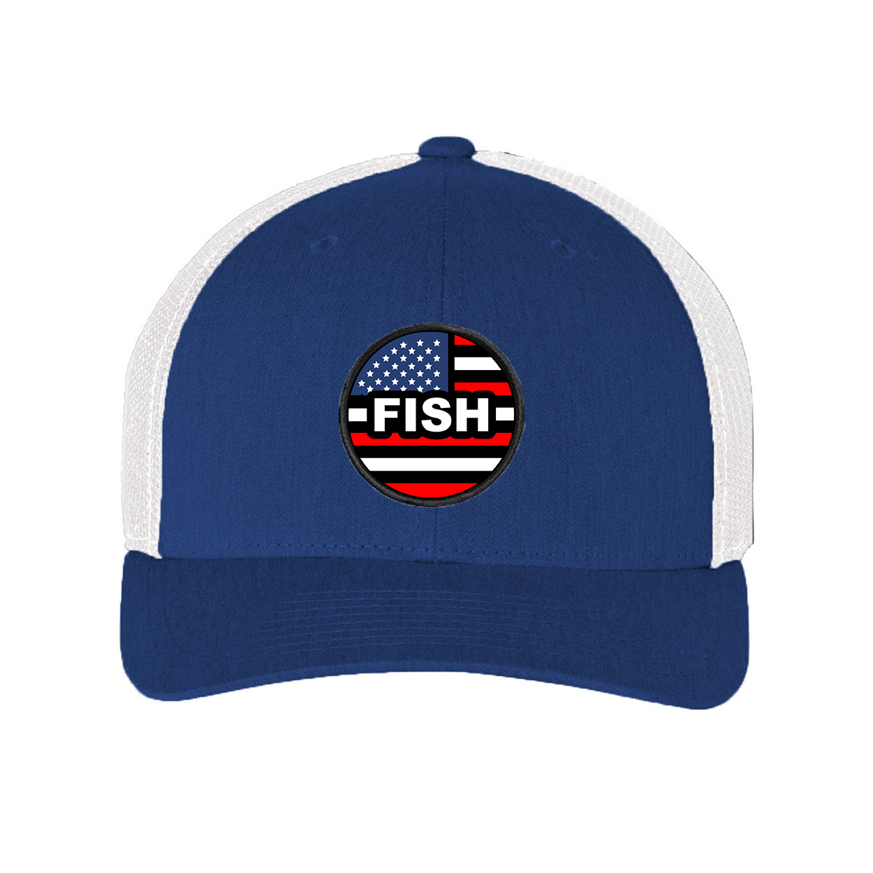 Fish Brand Logo Classic Circle Woven Patch USA Snapback Trucker Hat Blue/White