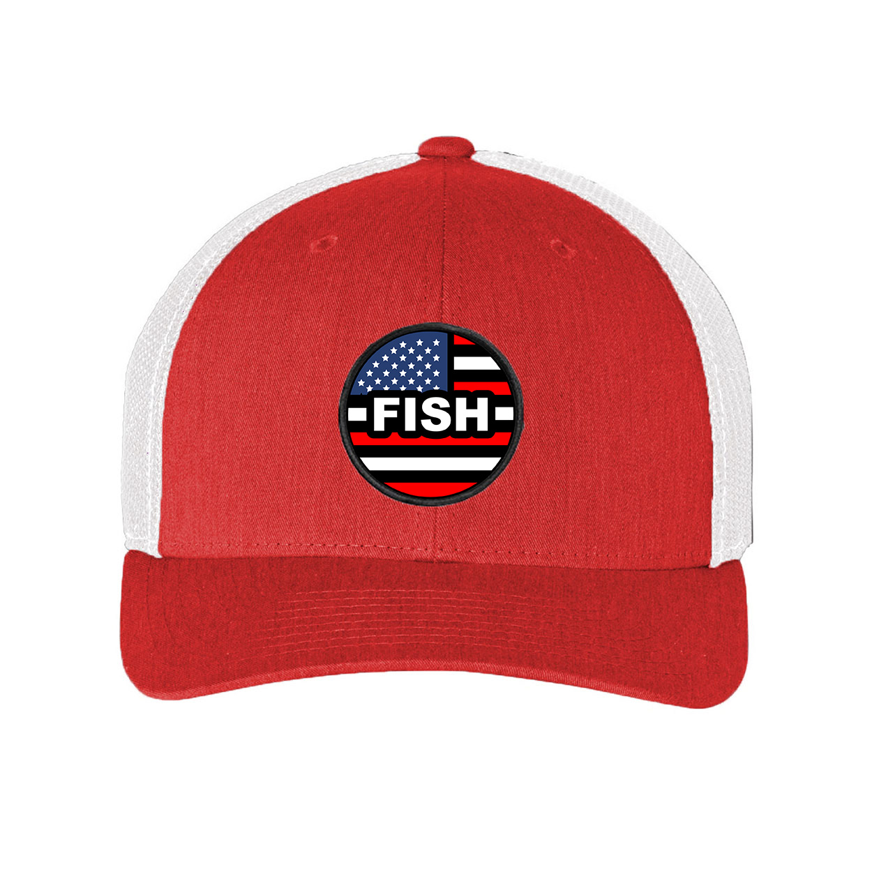 Fish Brand Logo Classic Circle Woven Patch USA Snapback Trucker Hat Red/White