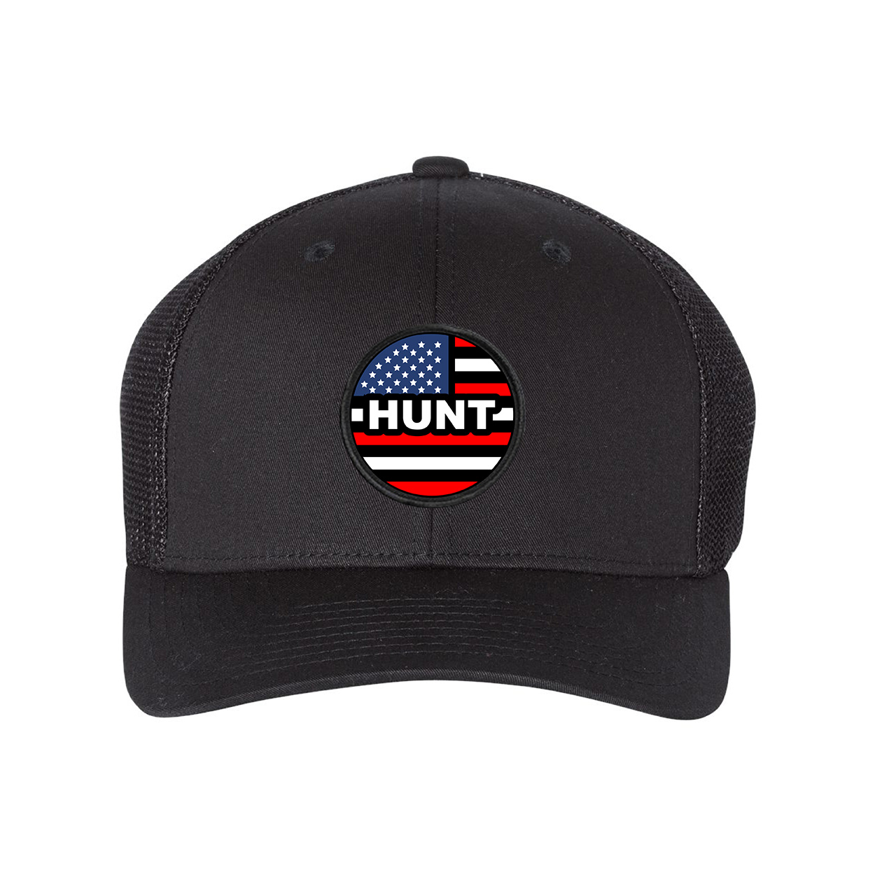 Hunt Brand Logo Classic Circle Woven Patch USA Snapback Trucker Hat Black
