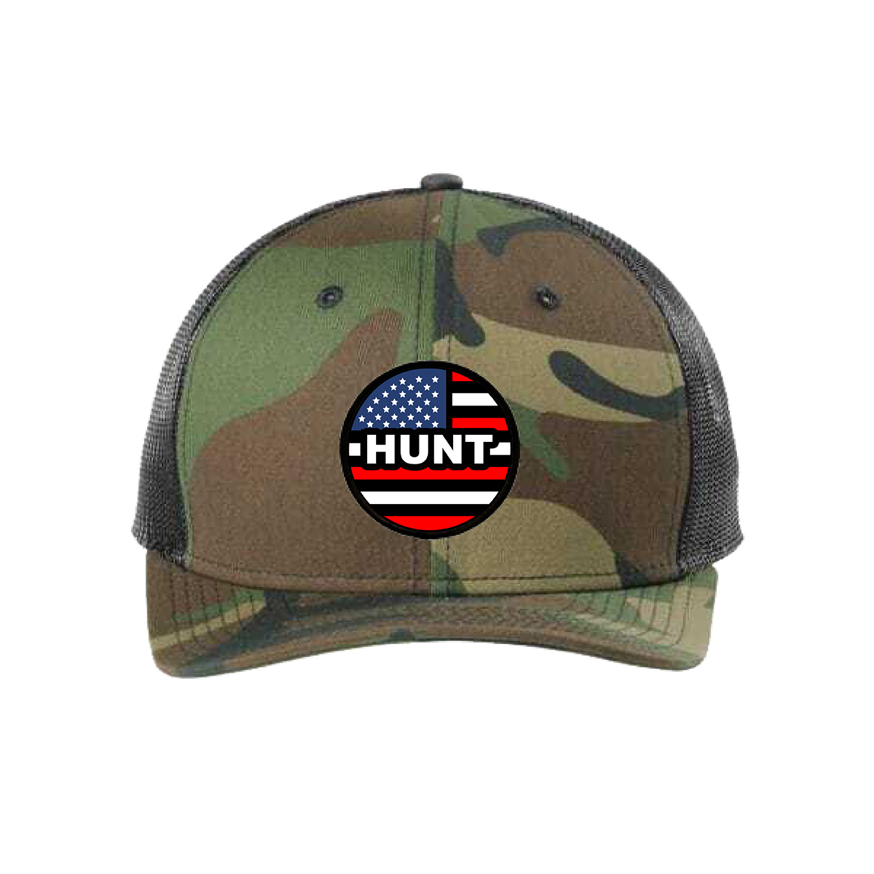 Hunt Brand Logo Classic Circle Woven Patch USA Snapback Trucker Hat Camo