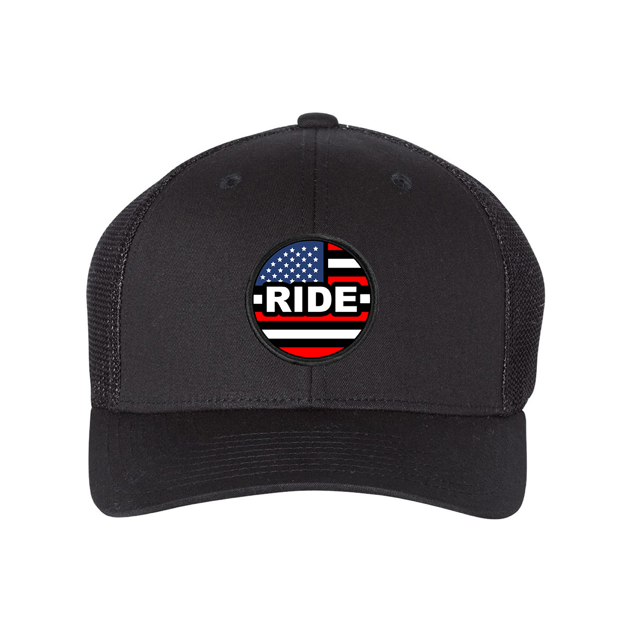 Ride Brand Logo Classic Circle Woven Patch USA Snapback Trucker Hat Black