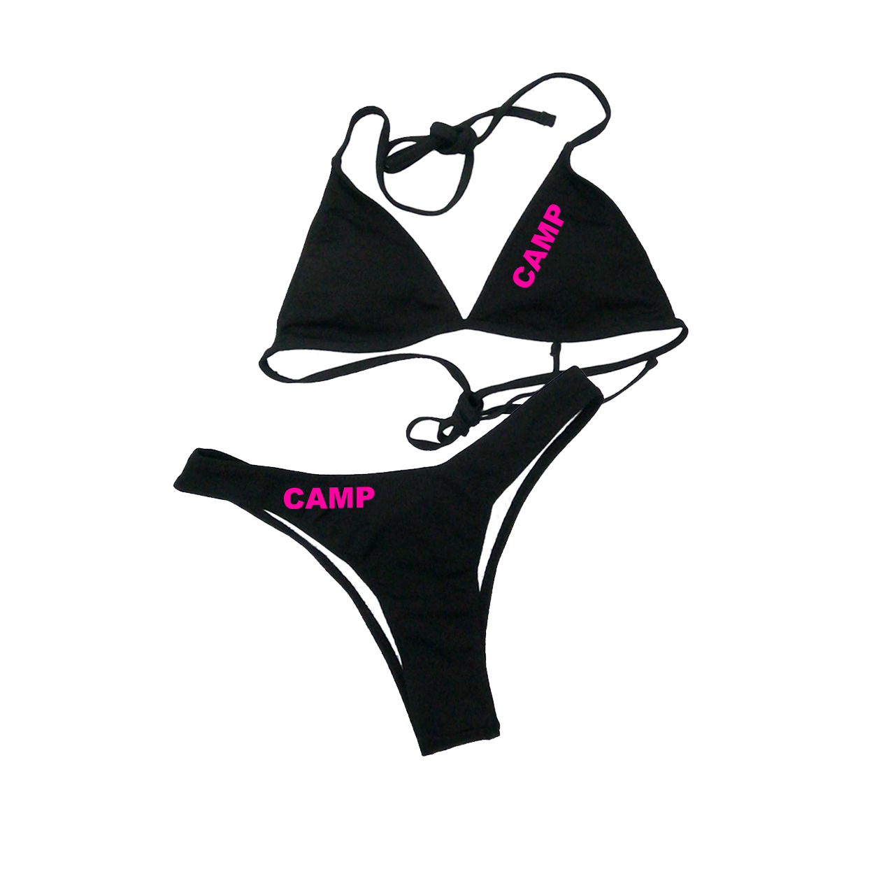 Camp Brand Logo Classic Womens Padded Halter Triangle Two-Piece Swimsuit Basics Bikini Black (Pink Logo)