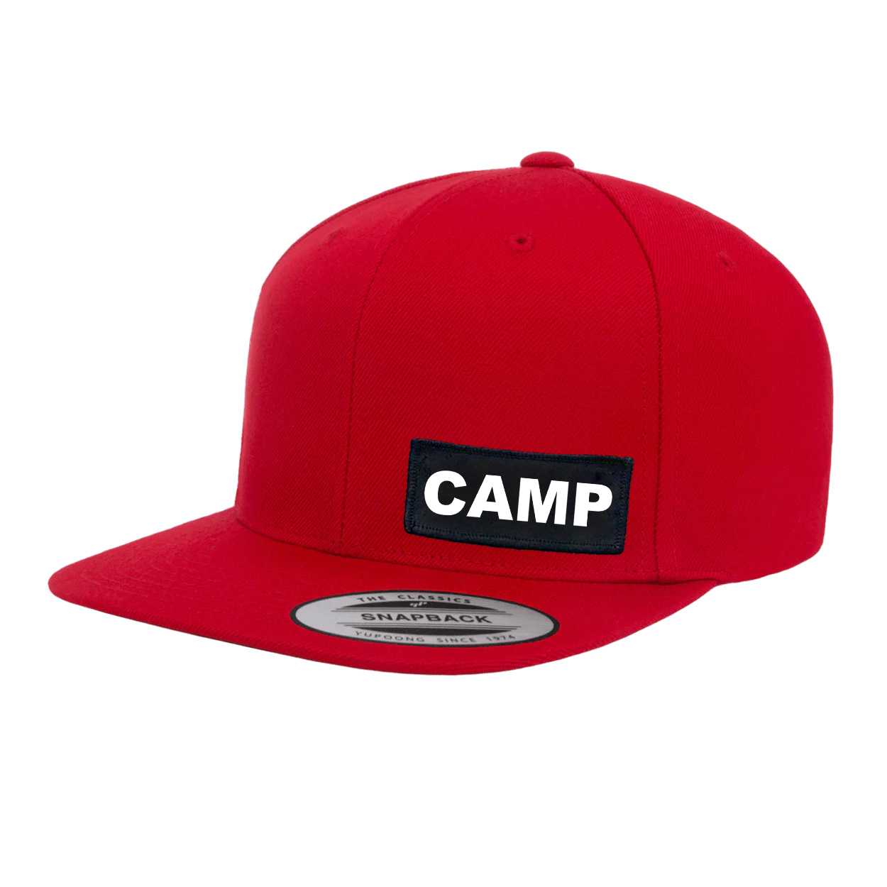 Camp Brand Logo Night Out Woven Patch Snapback Flat Brim Hat Red 