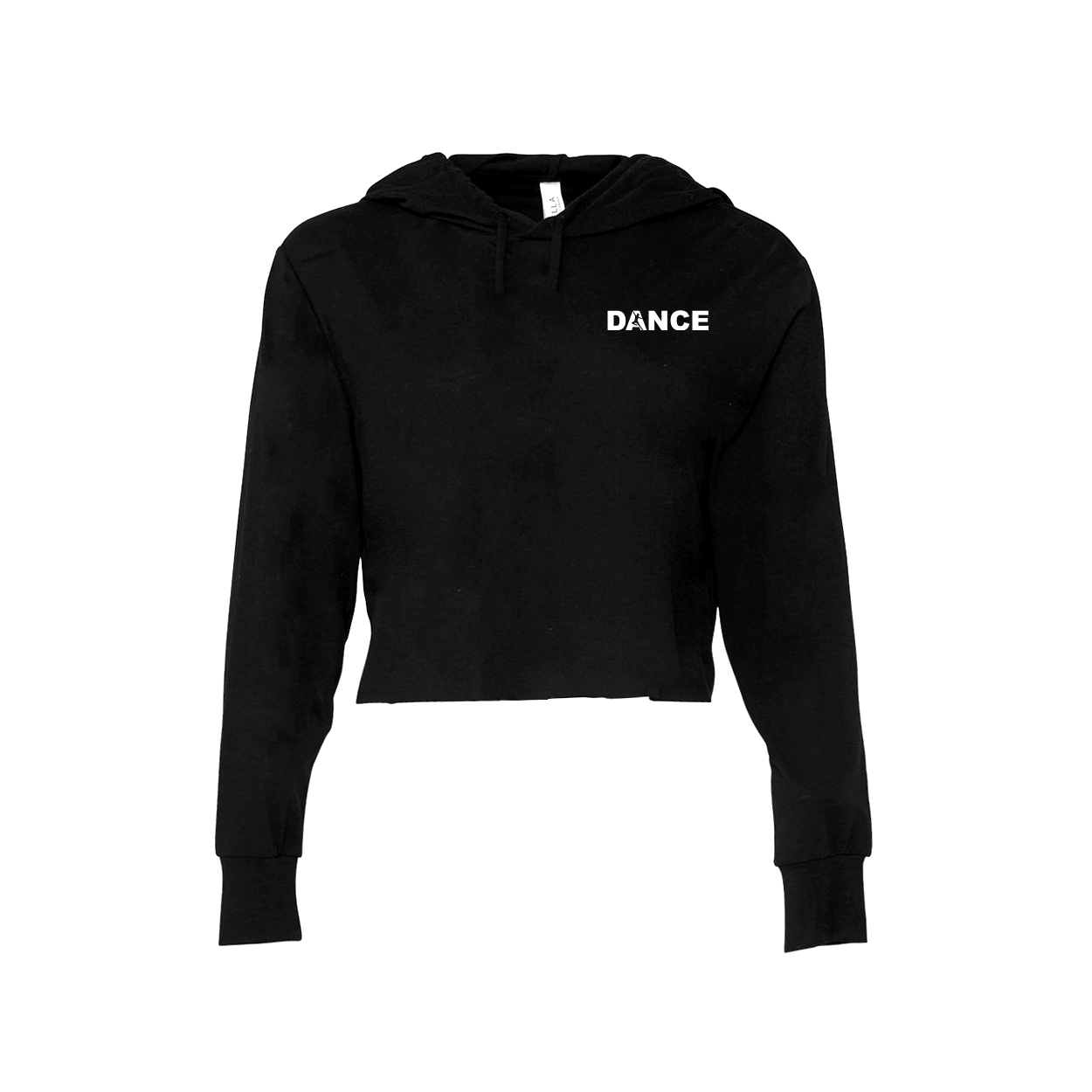 Dance Silhouette Logo Night Out Womens Long Sleeve Cropped Hooded Tee Black (White Logo)