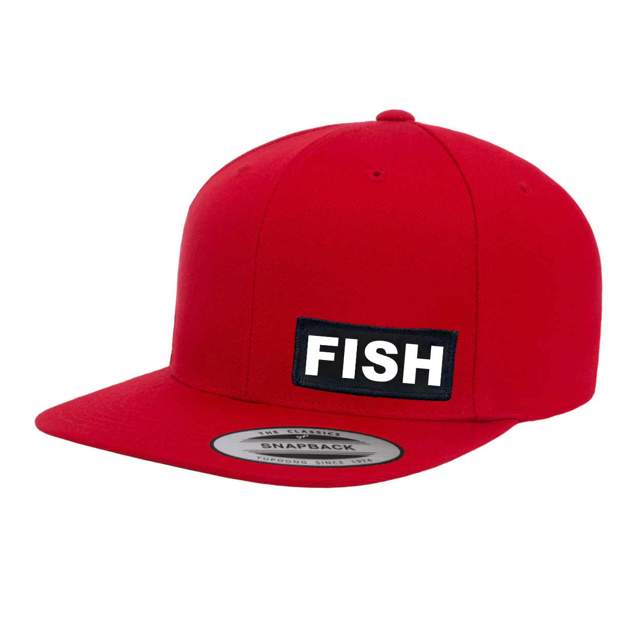Fish Brand Logo Night Out Woven Patch Snapback Flat Brim Hat Red 