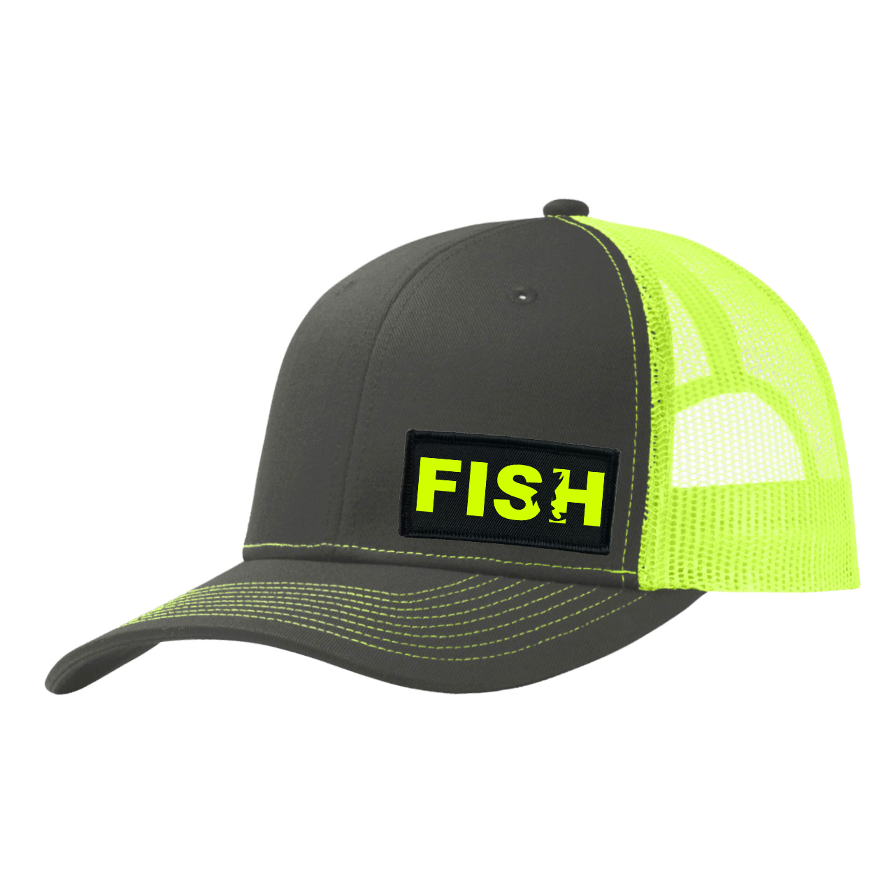 Fish Catch Logo Night Out Woven Patch Snapback Trucker Hat Charcoal/Neon Yellow (Hi-Vis Logo)