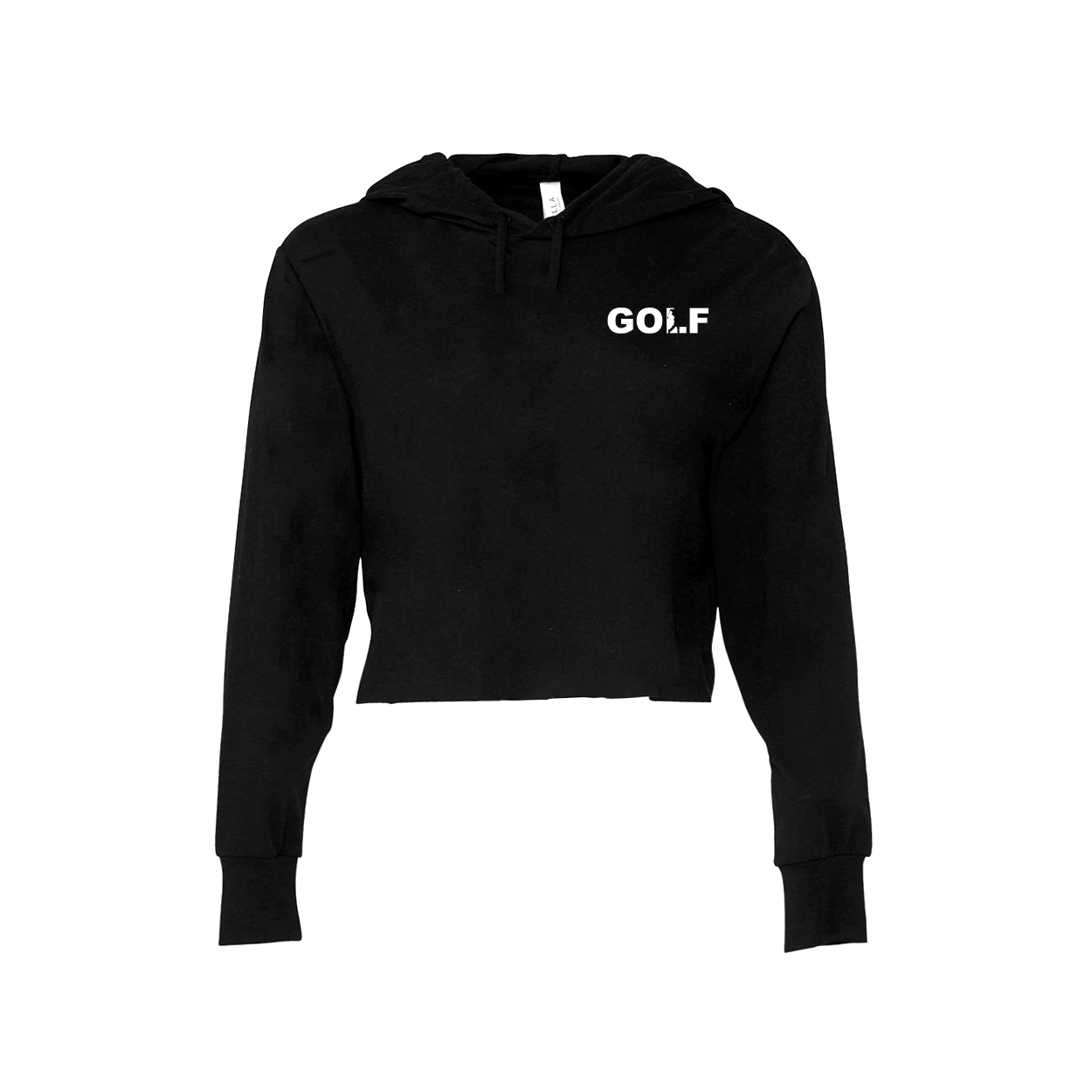 Golf Swing Logo Night Out Womens Long Sleeve Cropped Hooded Tee Black (White Logo)