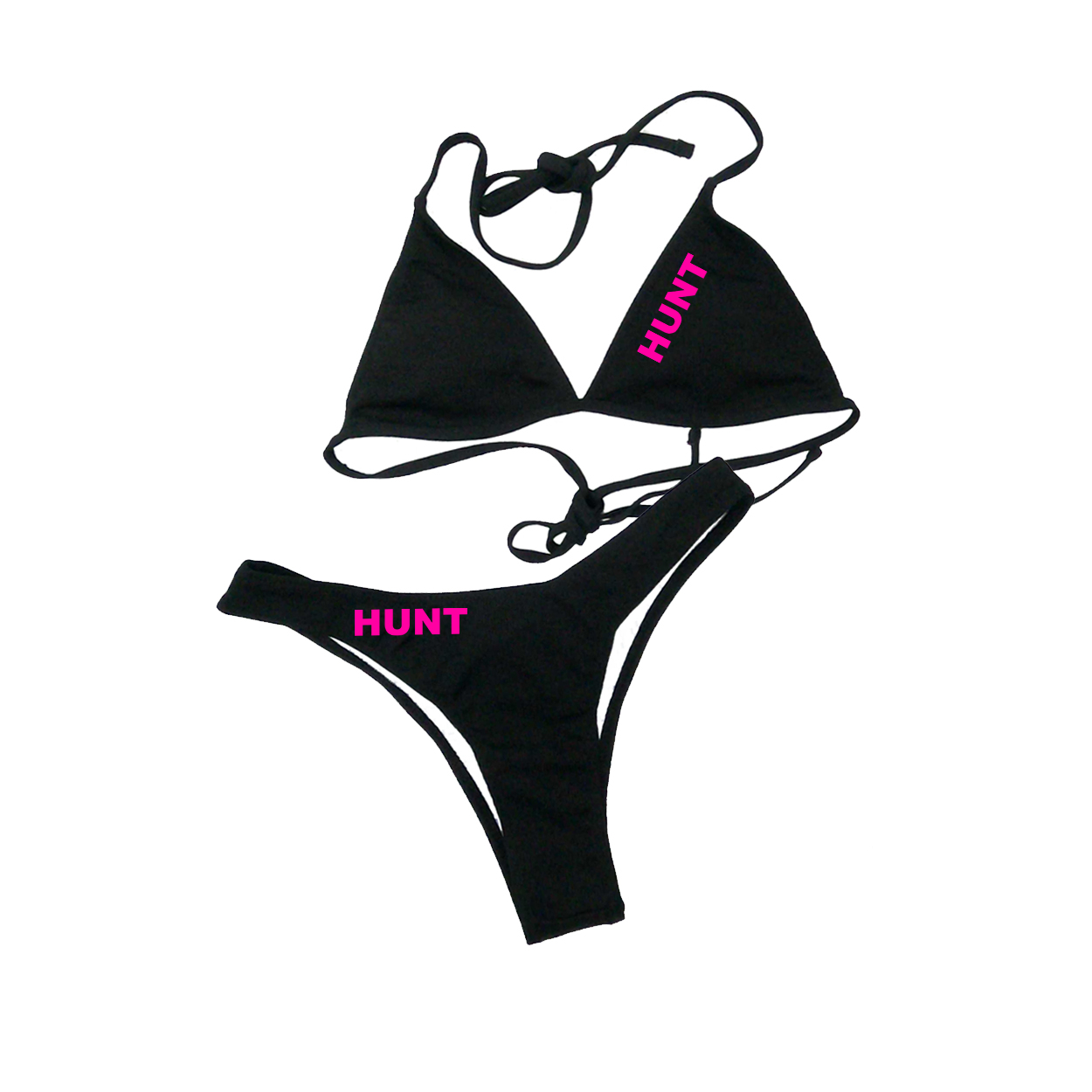 Hunt Brand Logo Classic Womens Padded Halter Triangle Two-Piece Swimsuit Basics Bikini Black (Pink Logo)
