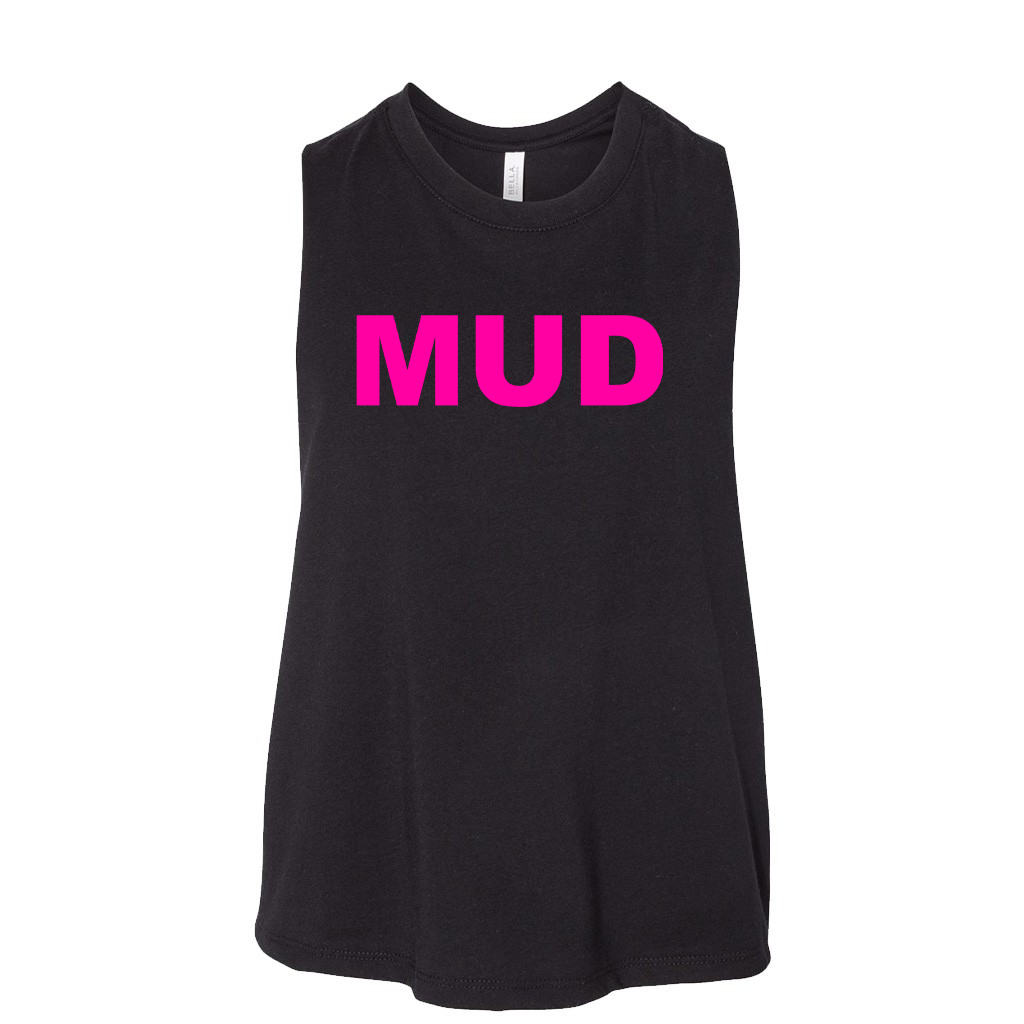 Mud Brand Logo Classic Womens Racerback Cropped Tank Black (Pink Logo)