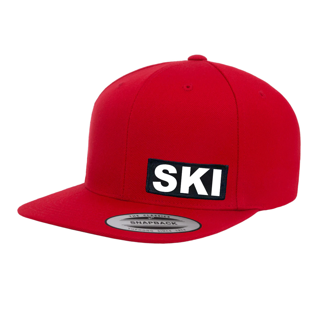 Ski Brand Logo Night Out Woven Patch Snapback Flat Brim Hat Red 