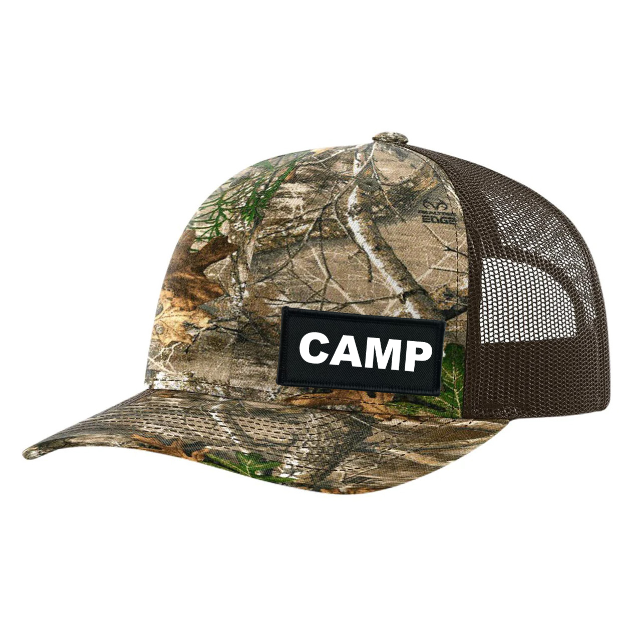 Camp Brand Logo Night Out Woven Patch Snapback Trucker Hat Realtree Edge/ Brown