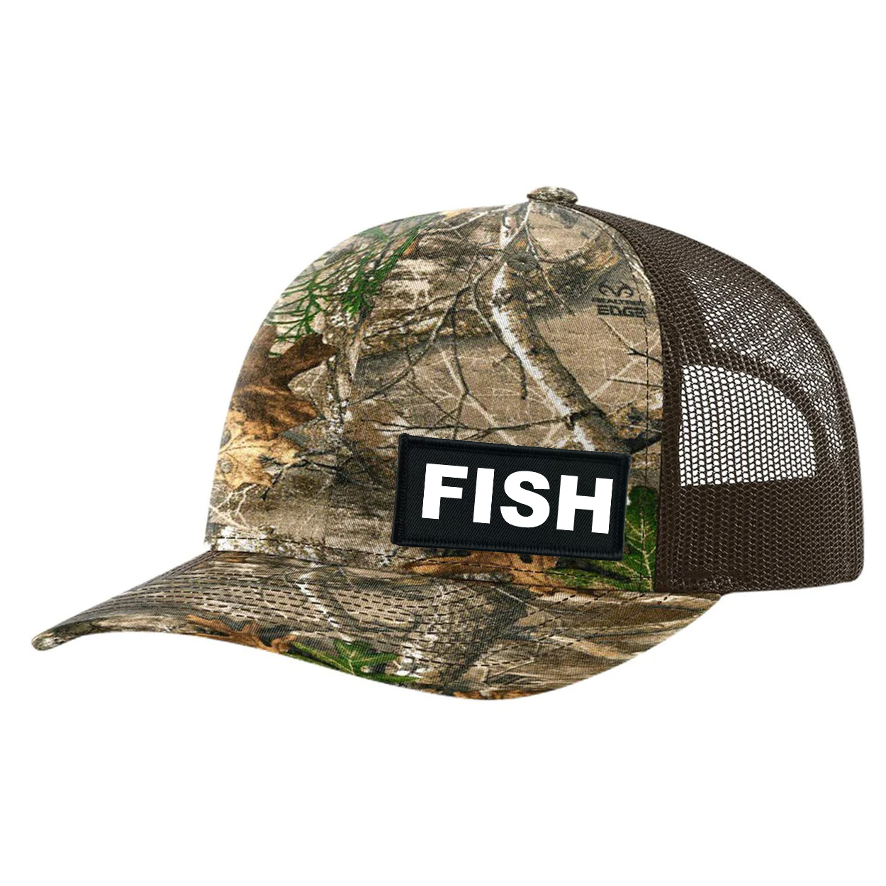 Fish Brand Logo Night Out Woven Patch Snapback Trucker Hat Realtree Edge/ Brown