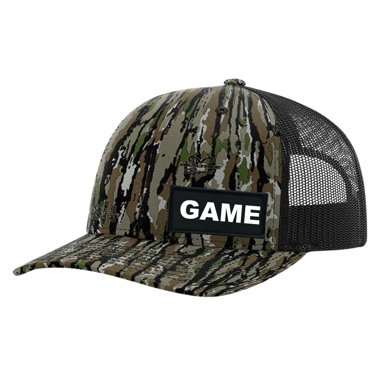 Game Brand Logo Night Out Woven Patch Snapback Trucker Hat Realtree Original/ Black