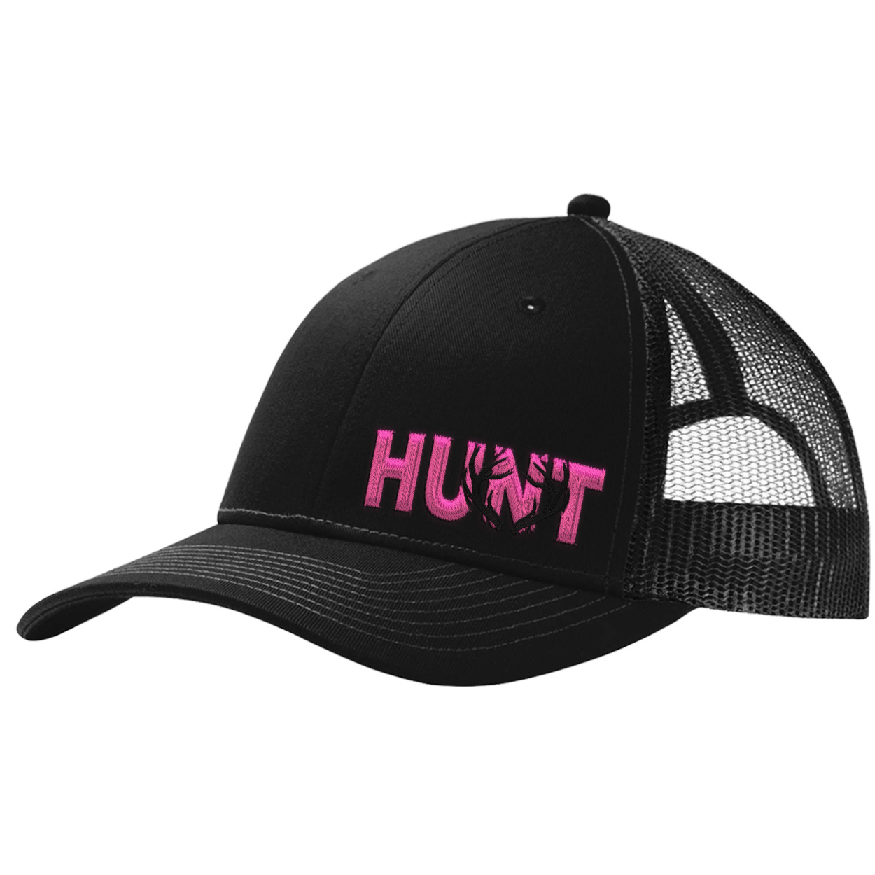 Hunt Rack Logo Night Out Pro Embroidered Snapback Trucker Hat Black (Pink Logo)