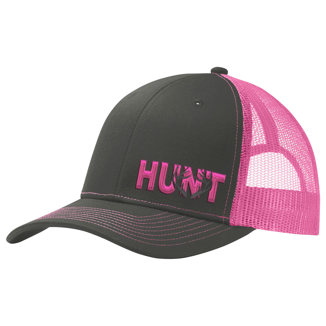 Hunt Rack Logo Night Out Pro Embroidered Snapback Trucker Hat Charcoal/Pink (Pink Logo)