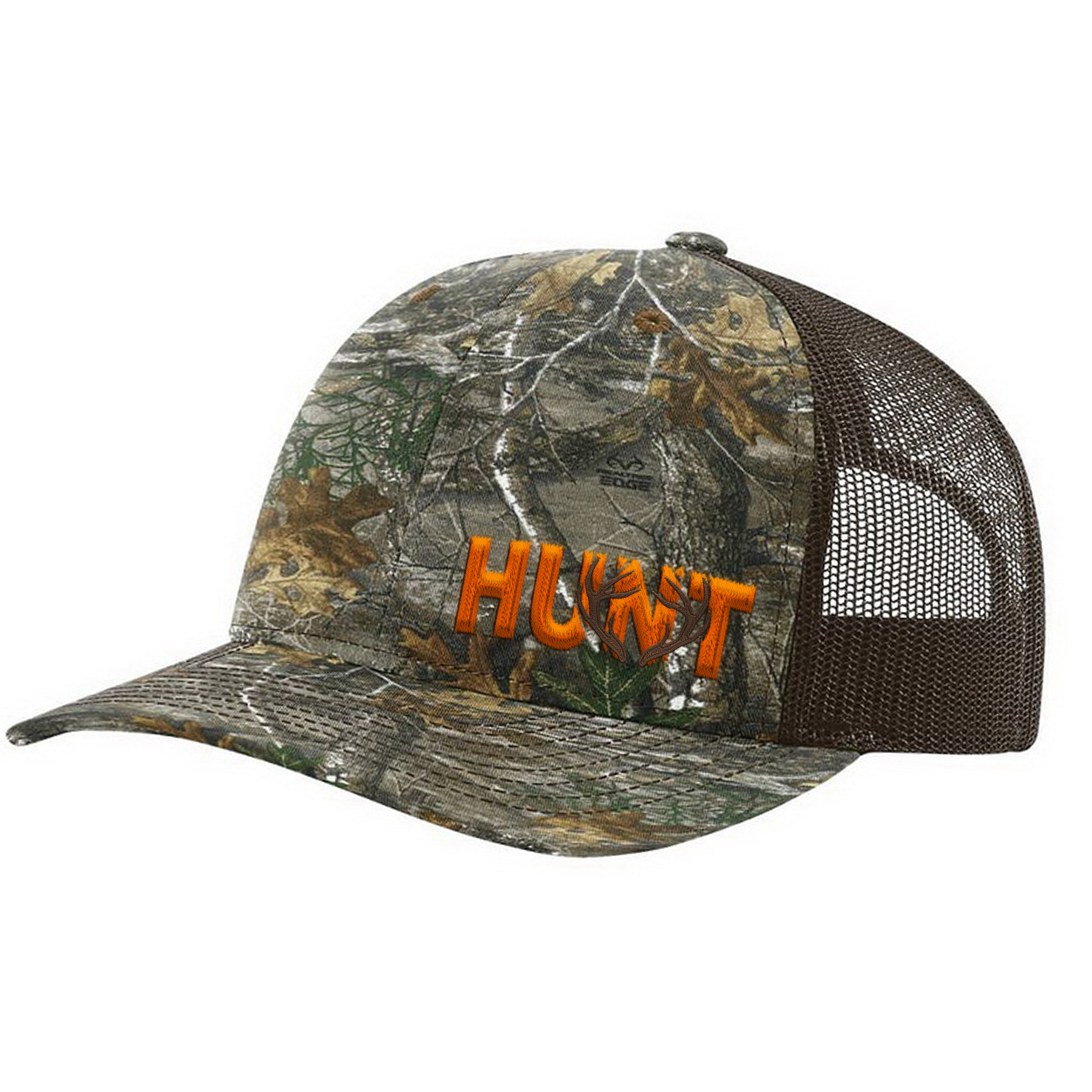 Hunt Rack Logo Night Out Pro Embroidered Snapback Trucker Hat Realtree Edge/Brown (Orange Logo)