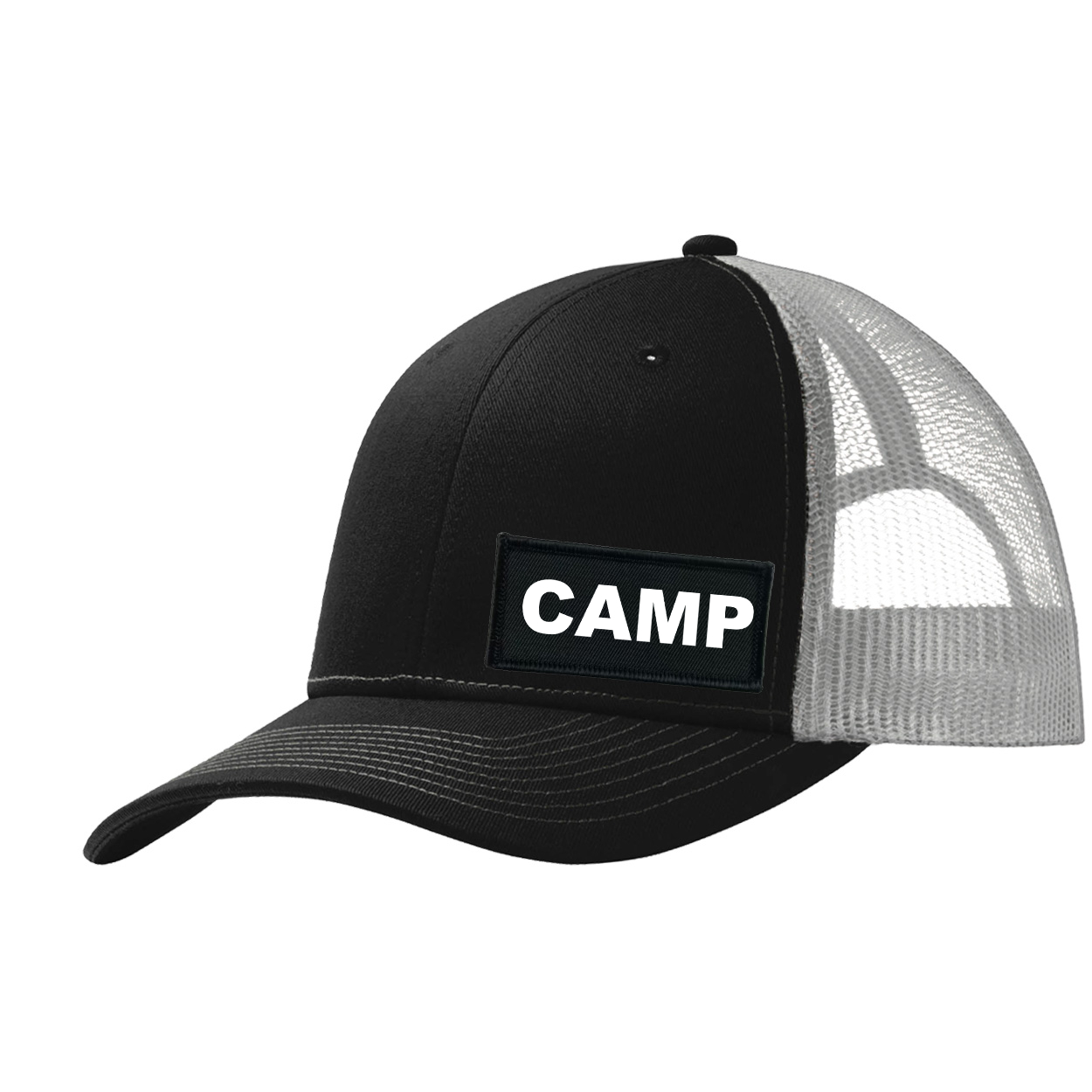 Camp Brand Logo Night Out Woven Patch Snapback Trucker Hat Black/Gray 