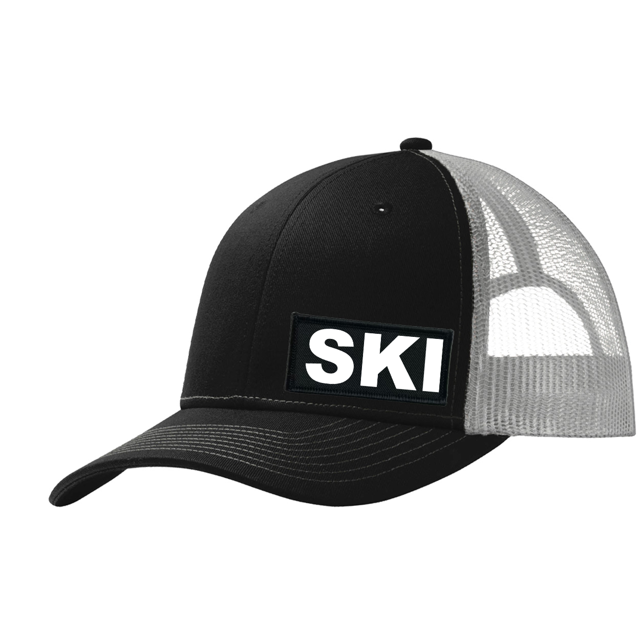 Ski Brand Logo Night Out Woven Patch Snapback Trucker Hat Black/Gray 