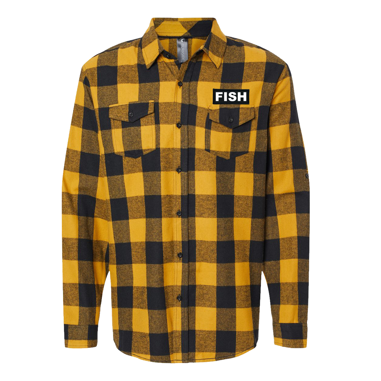 Fish Brand Logo Classic Unisex Woven Patch Quilted Button Flannel Jacket Black/Gold Buffalo