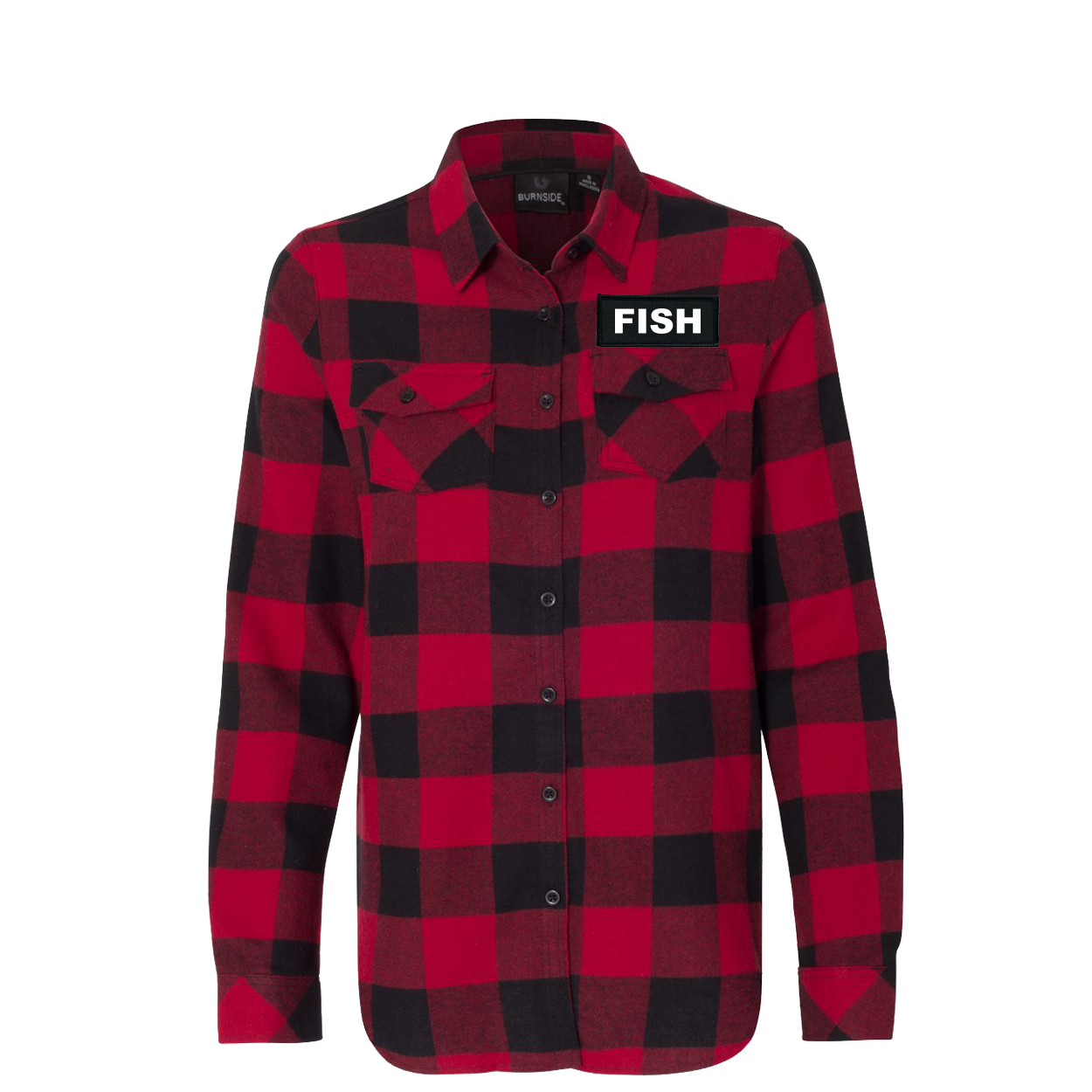 Fish Brand Logo Classic Womens Long Sleeve Woven Patch Flannel Shirt Red/Black