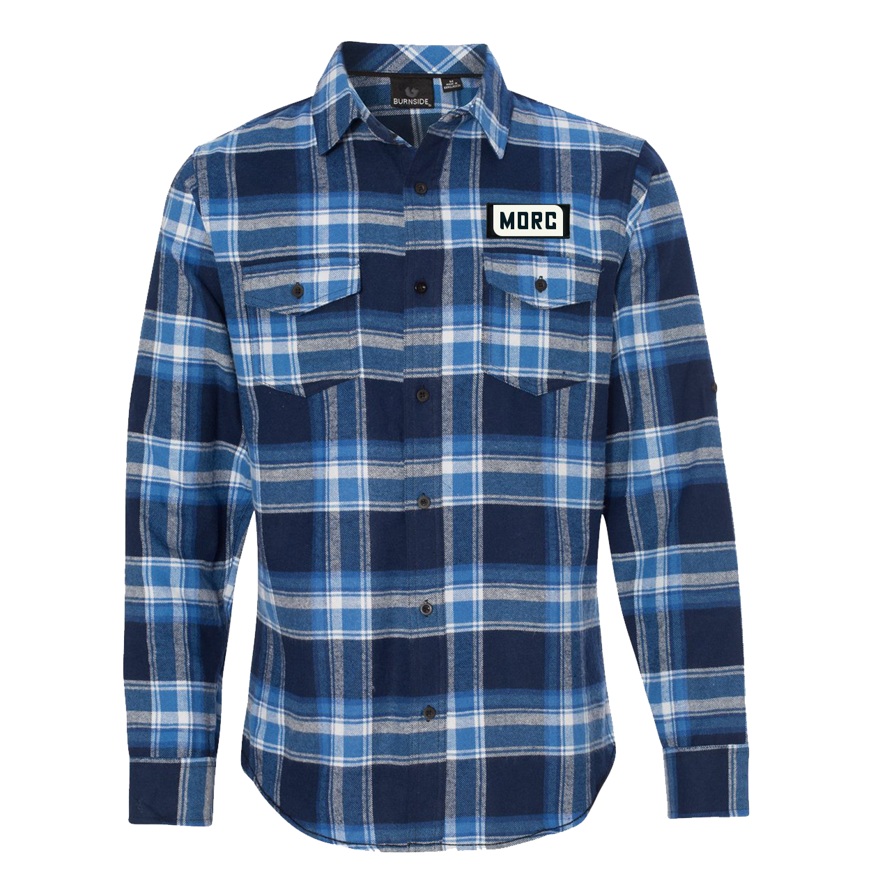 MORC Night Out Rectangle Woven Patch Flannel Shirt Long Sleeve Blue/White