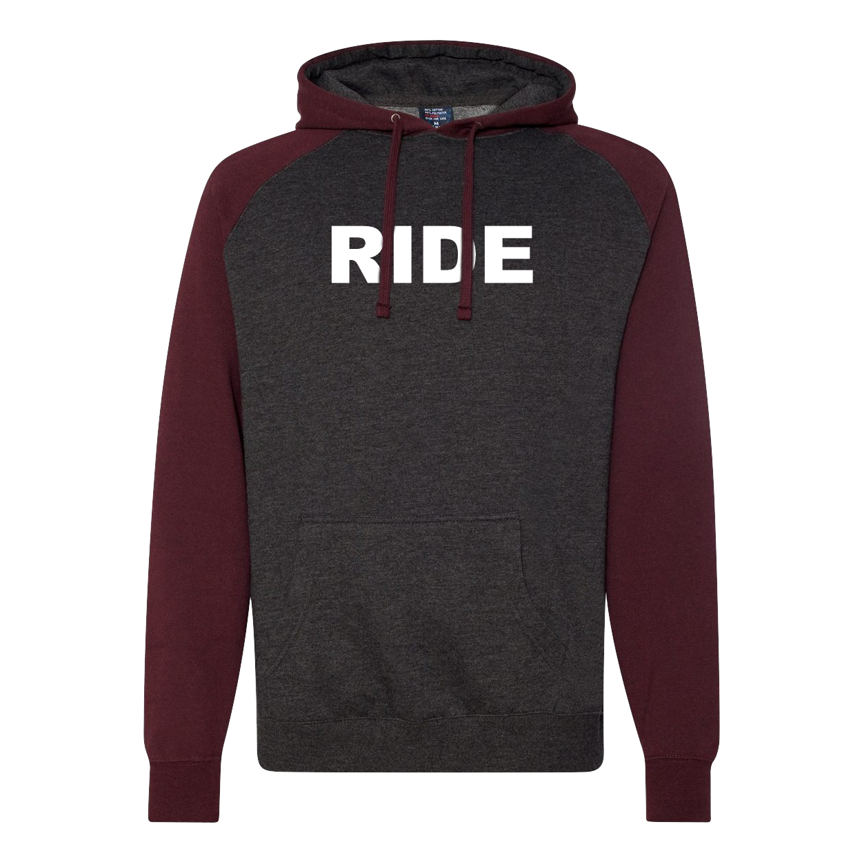 Ride Brand Logo Classic Raglan Hooded Pullover Sweatshirt Charcoal Heather/Burgundy Heather