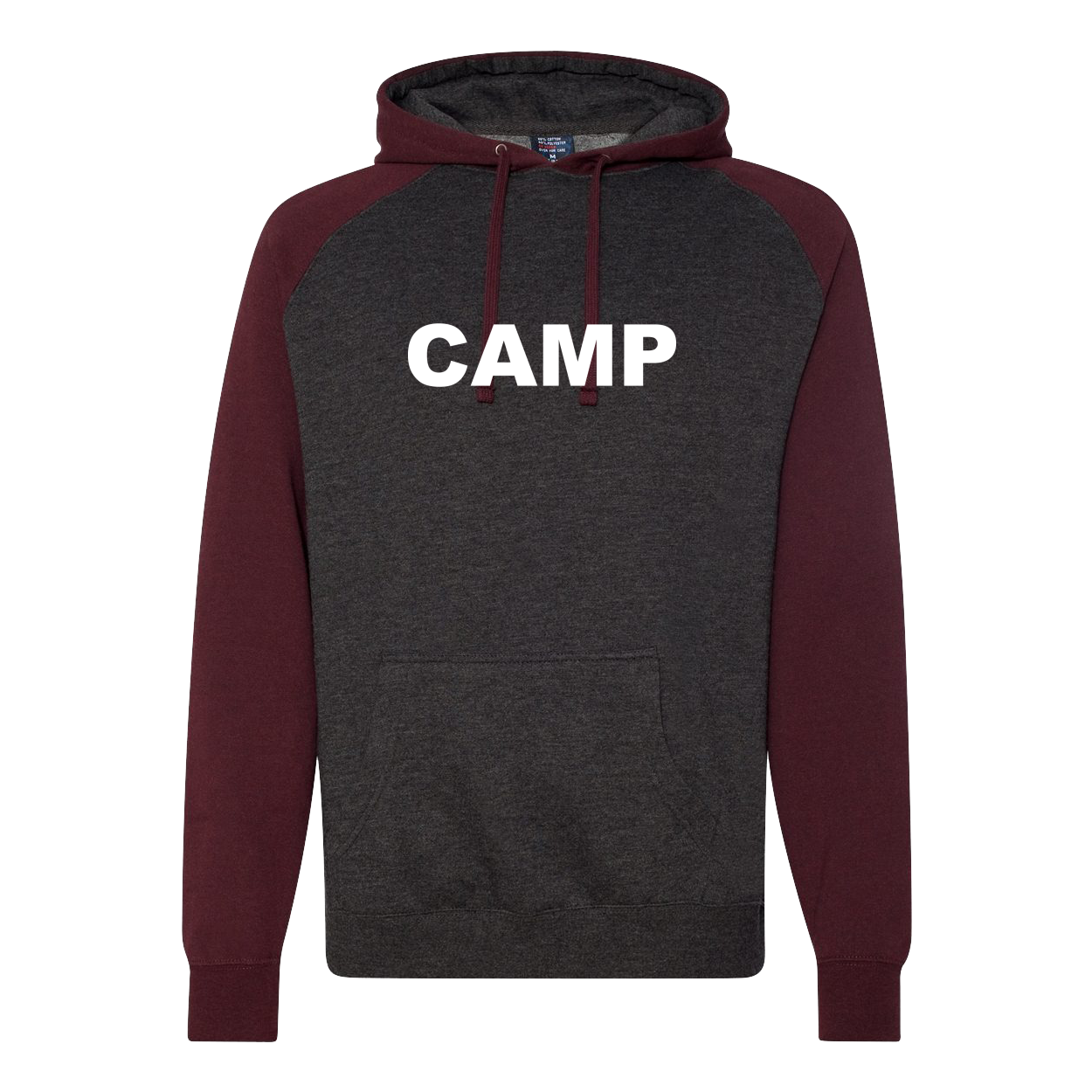 Camp Brand Logo Classic Raglan Hooded Pullover Sweatshirt Charcoal Heather/Burgundy Heather