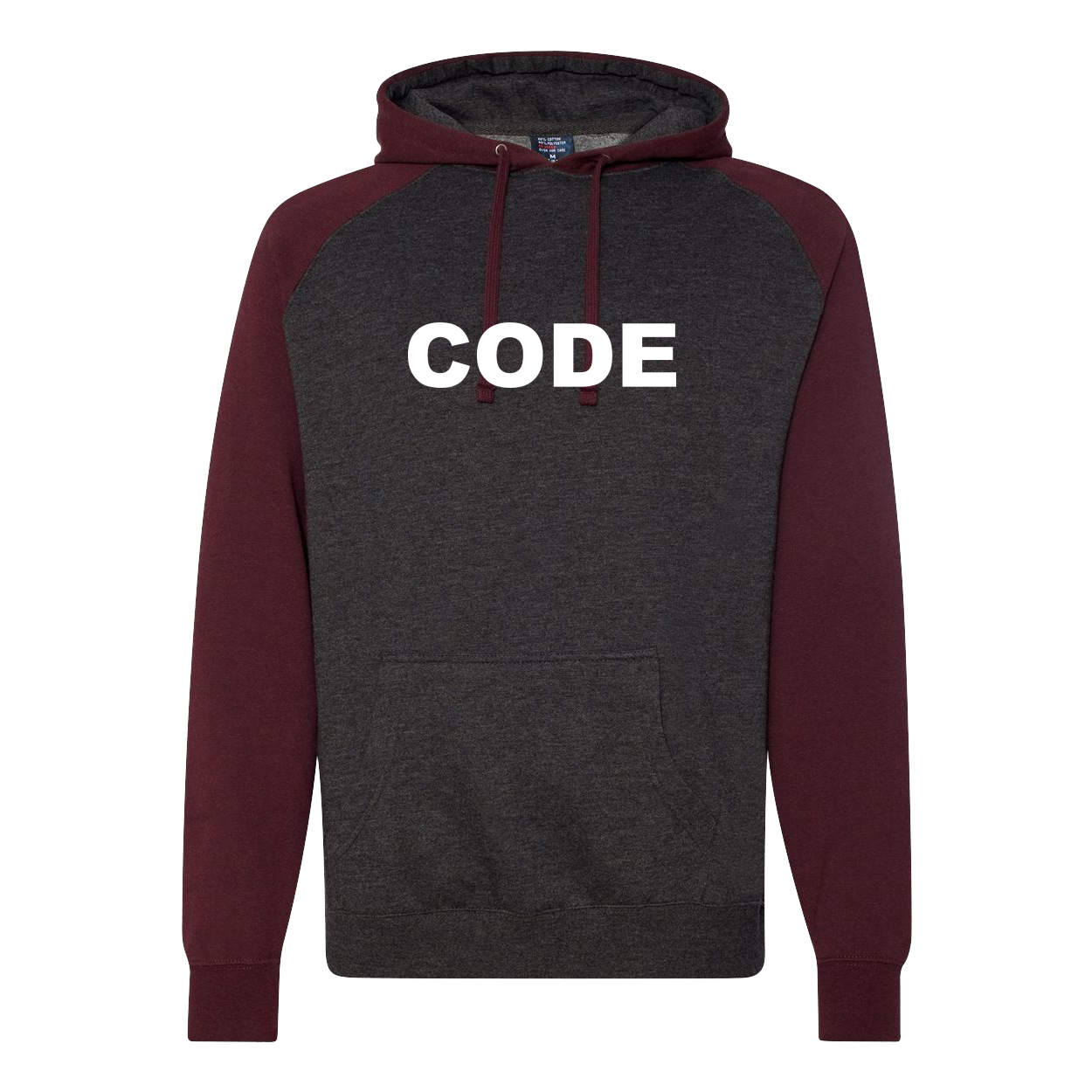 Code Brand Logo Classic Raglan Hooded Pullover Sweatshirt Charcoal Heather/Burgundy Heather