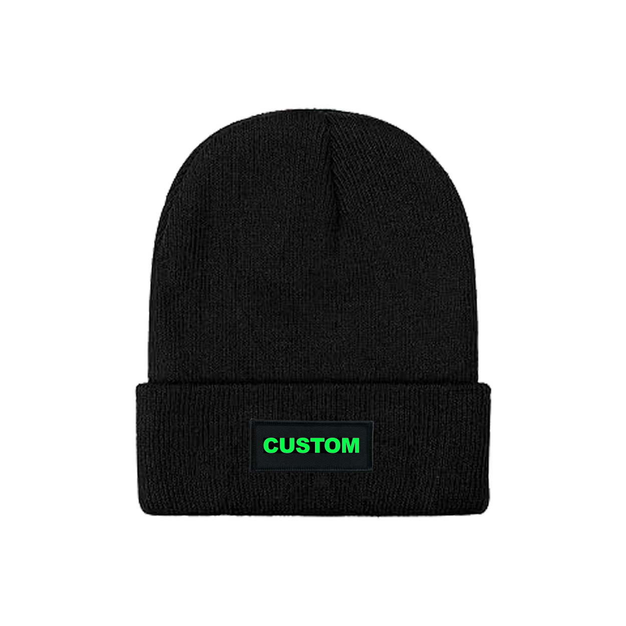 Custom Life Brand Logo Night Out Woven Patch Skully Youth Beanie Black (Green Logo)