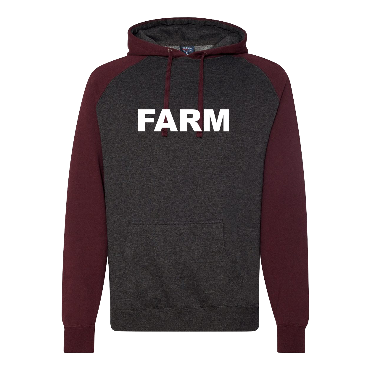 Farm Brand Logo Classic Raglan Hooded Pullover Sweatshirt Charcoal Heather/Burgundy Heather