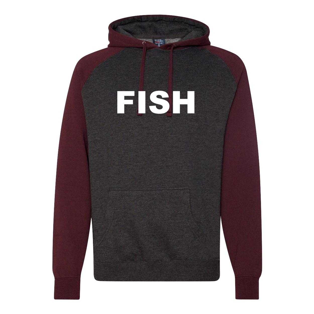 Fish Brand Logo Classic Raglan Hooded Pullover Sweatshirt Charcoal Heather/Burgundy Heather