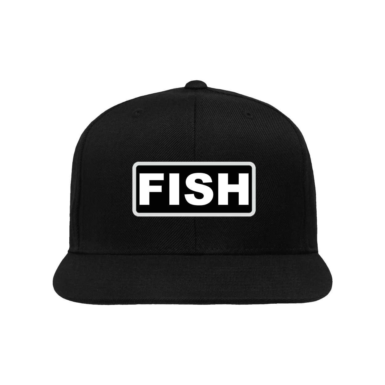 Fish Brand Logo Classic Woven Patch Snapback Flat Bill Hat Black