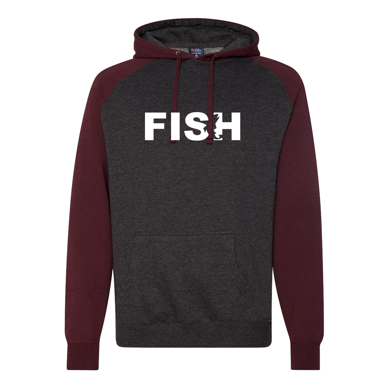 Fish Catch Logo Classic Raglan Hooded Pullover Sweatshirt Charcoal Heather/Burgundy Heather