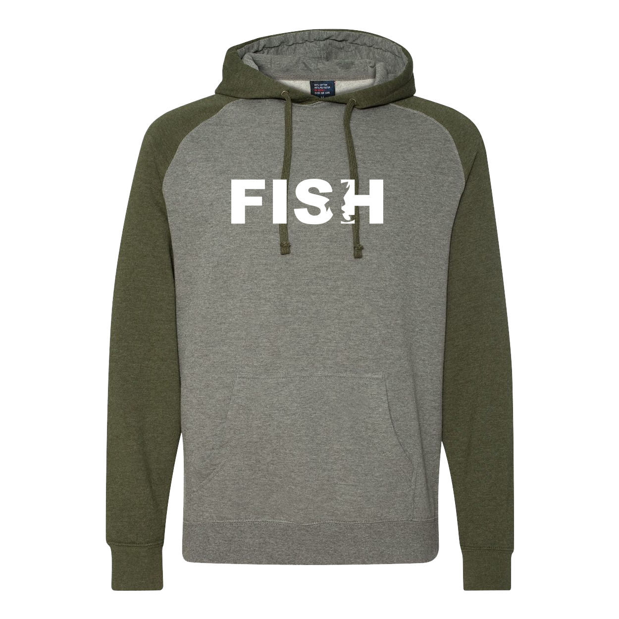 Fish Catch Logo Classic Raglan Hooded Pullover Sweatshirt Gunmetal Heather/Army Heather