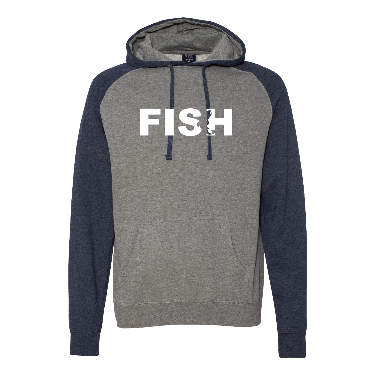 Fish Catch Logo Classic Raglan Hooded Pullover Sweatshirt Gunmetal Heather/Classic Navy Heather