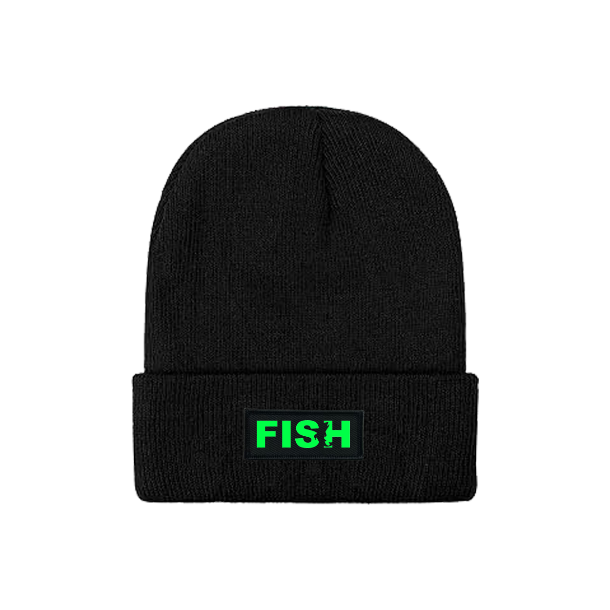 Fish Catch Logo Night Out Woven Patch Skully Youth Beanie Black (Green Logo)