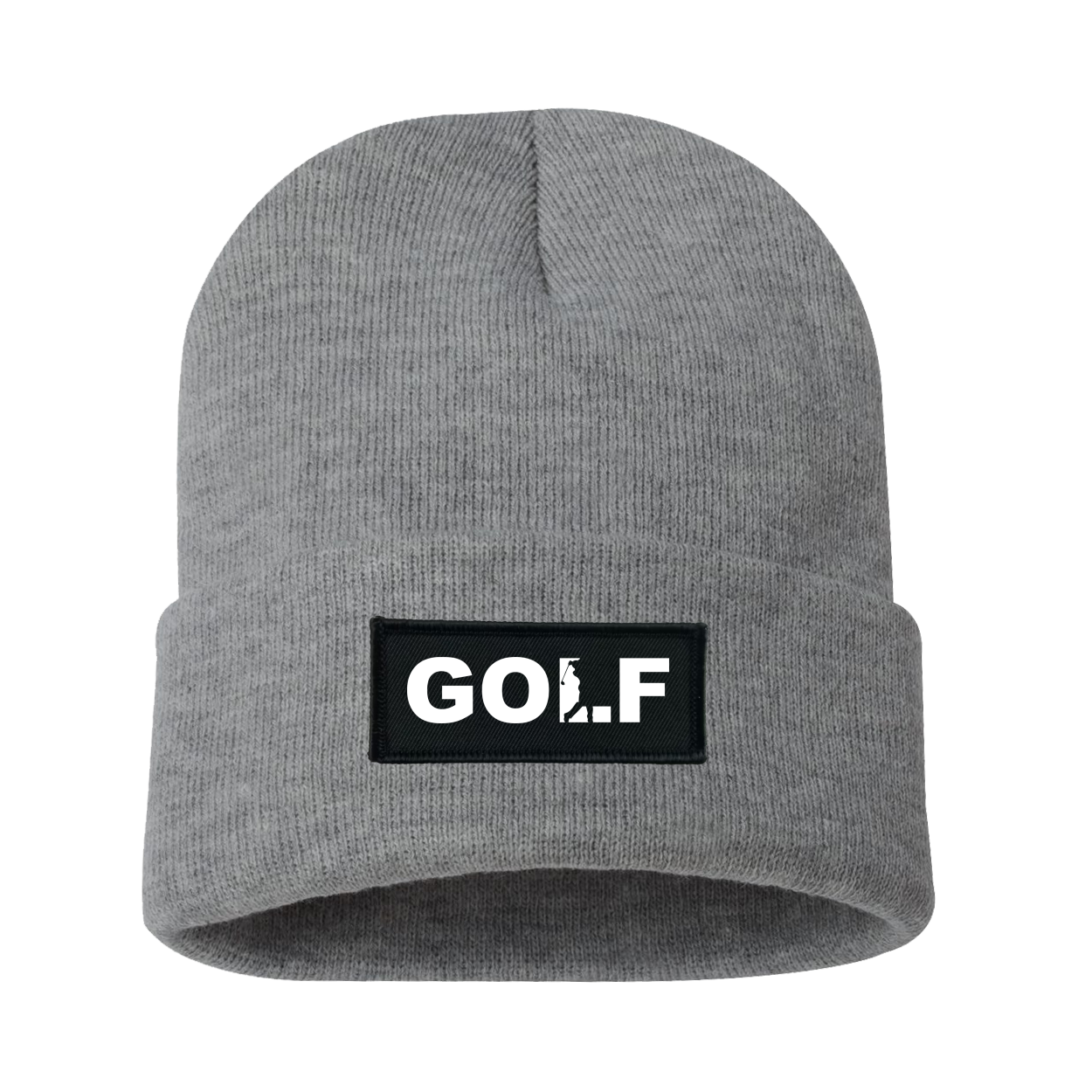 Golf Swing Logo Night Out Woven Patch Roll Up Skully Beanie Heather Gray
