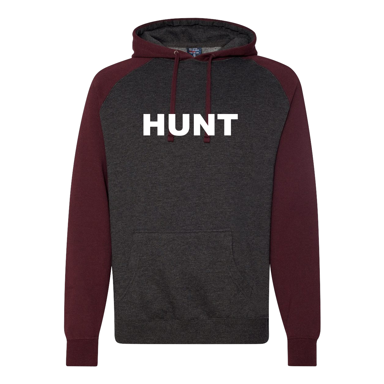 Hunt Brand Logo Classic Raglan Hooded Pullover Sweatshirt Charcoal Heather/Burgundy Heather