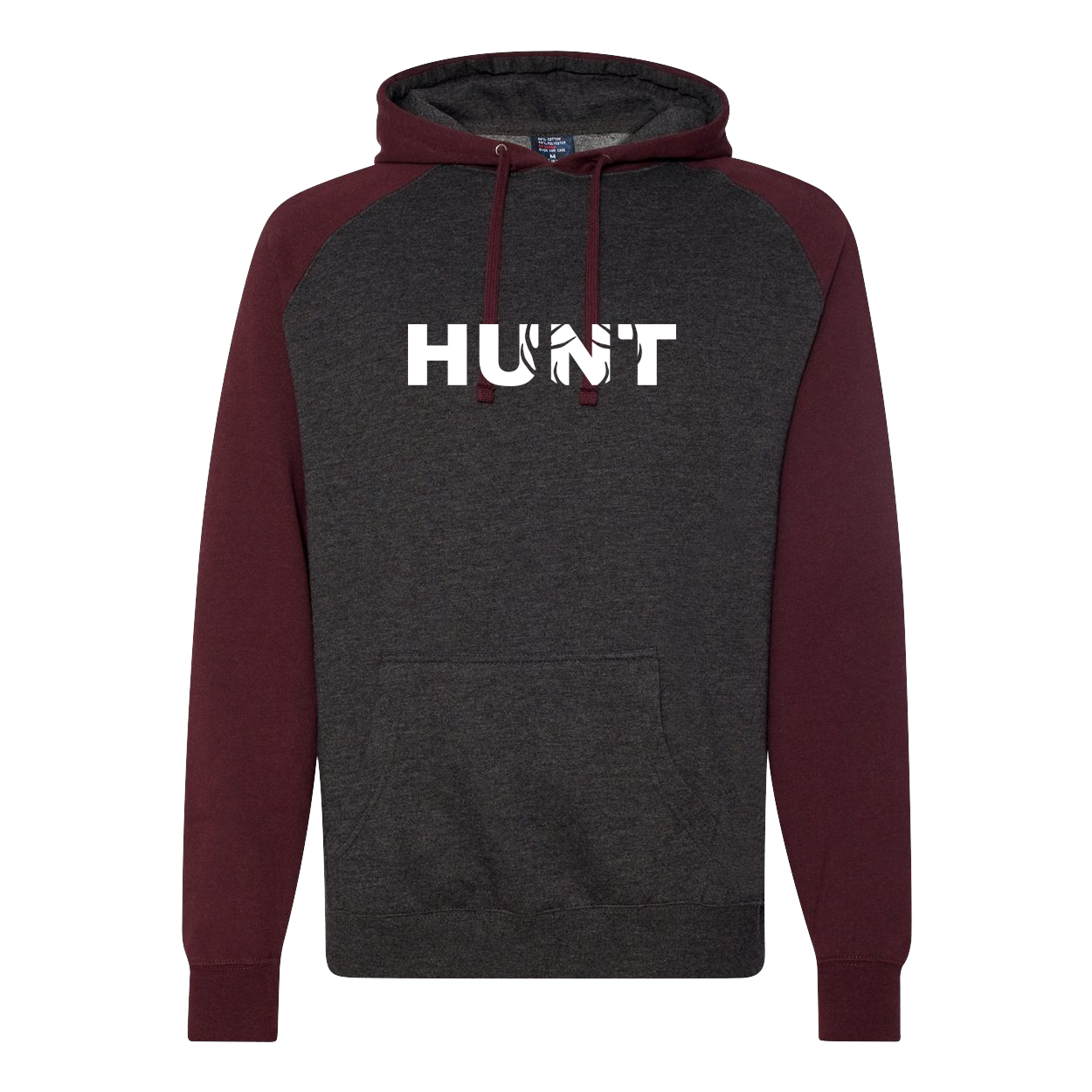 Hunt Rack Logo Classic Raglan Hooded Pullover Sweatshirt Charcoal Heather/Burgundy Heather