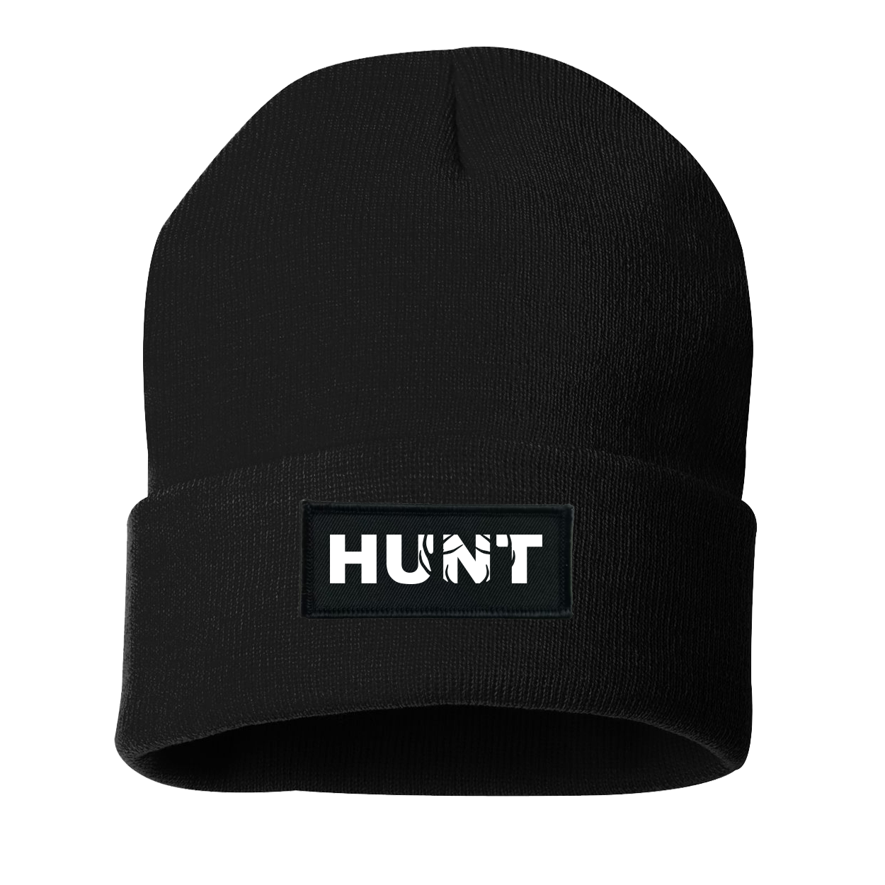 Hunt Rack Logo Night Out Woven Patch Roll Up Skully Beanie Black